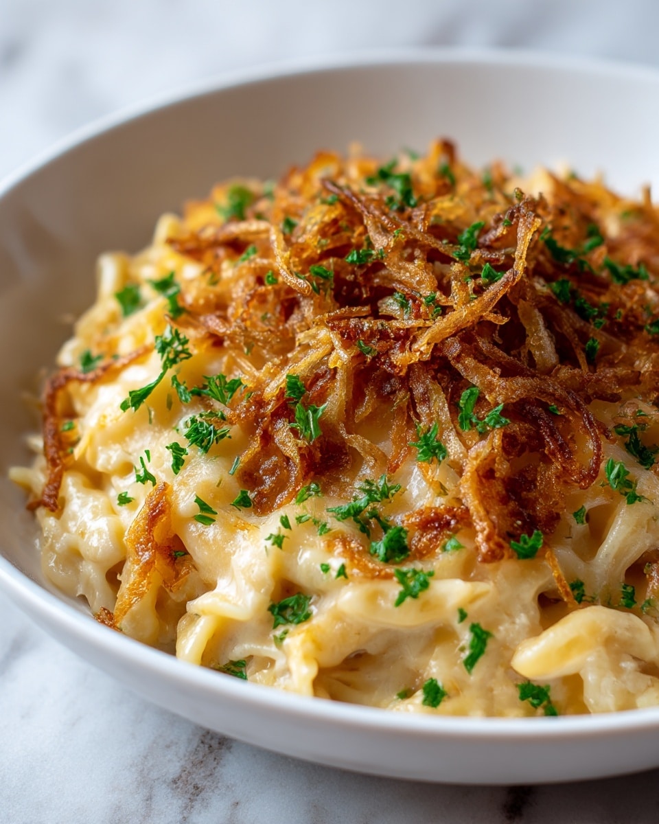 A white bowl filled with a creamy noodle casserole showing several layers: at the bottom, soft, golden noodles mixed with light colored shredded chicken, topped by a thick melted cheese layer with a slightly browned crust. On top, crispy fried onions with a rich golden-brown color add texture, scattered with small, fresh green parsley pieces for contrast. The bowl rests on a white marbled surface, and the image is close-up, focusing on the dish's texture and layers. Photo taken with an iphone --ar 4:5 --v 7