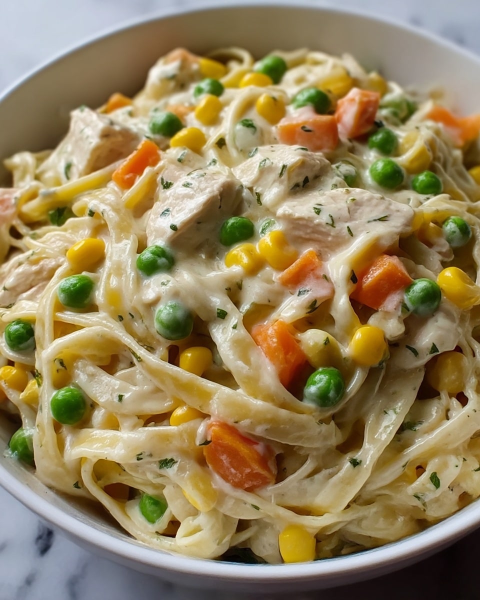 A close-up view of a dish in a white bowl filled with creamy fettuccine pasta mixed with chunks of light beige chicken, bright orange carrot pieces, yellow corn kernels, and green peas. The creamy sauce coats every layer of the pasta and chicken, with small green herbs sprinkled throughout. The texture looks smooth and rich, with soft and tender pasta and vegetables evenly distributed. The background surface is a white marbled texture. Photo taken with an iphone --ar 4:5 --v 7