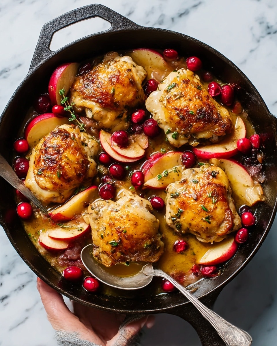 The image shows a black skillet filled with six pieces of golden-brown cooked chicken, each topped with herbs and spices. Around the chicken, there are slices of orange and red apples as well as bright red pomegranate seeds scattered, adding color and freshness to the dish. A silver spoon rests inside the skillet on the right side. The skillet is placed on a white marbled surface. Photo taken with an iphone --ar 4:5 --v 7