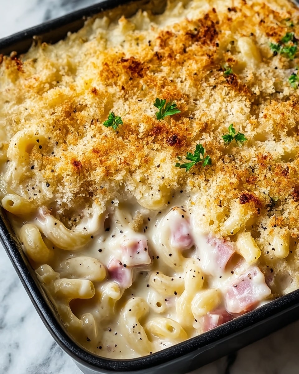 A close-up of a baked macaroni and cheese casserole in a black dish, with a golden-brown crispy breadcrumb topping sprinkled unevenly on top along with a few fresh green parsley leaves for color. Underneath, the creamy cheese sauce coats curved macaroni pasta, with small pieces of pink ham scattered throughout. The cheese layer is thick and smooth with some bubbling edges, showing a rich and cheesy texture. The dish sits on a white marbled surface with part of a light beige cloth visible on the side. Photo taken with an iphone --ar 4:5 --v 7