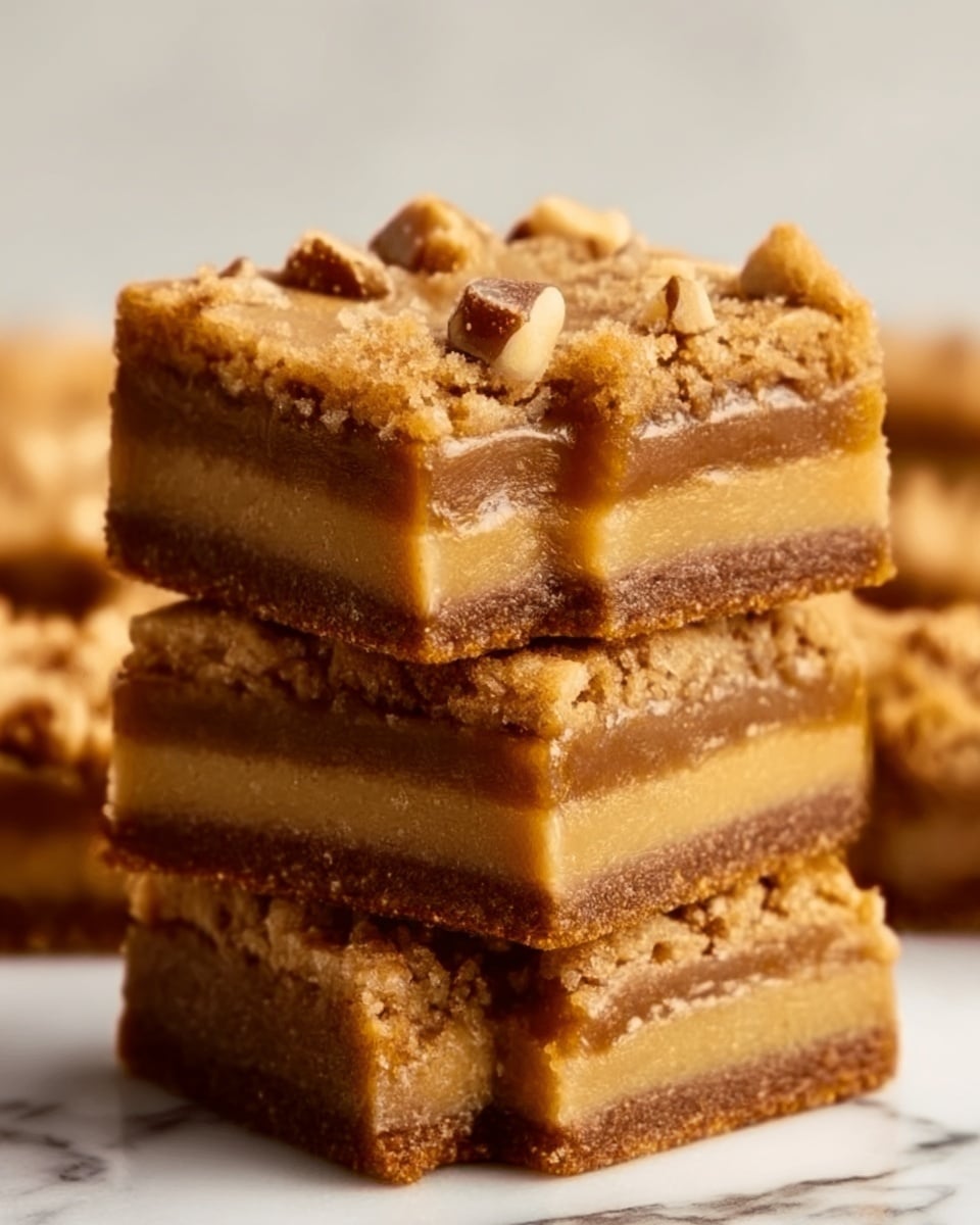 The image shows a stack of three thick, square dessert bars on a white marbled surface. Each bar has three distinct layers: the bottom layer is a dense, brown crust with a slightly rough texture; the middle layer is a smooth, gooey caramel with a shiny, golden color; the top layer is a lighter brown, crumbly texture with chopped nut pieces scattered across it. The bars are neatly stacked, creating a sense of height and richness. photo taken with an iphone --ar 4:5 --v 7