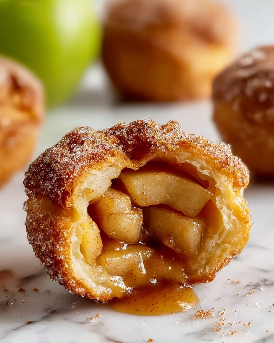 A close-up of a single apple-filled pastry cut open to show its juicy layers: the outer crust is flaky and golden brown, coated with sparkling sugar crystals mixed with cinnamon, giving a rough texture; inside, thick apple slices cooked in syrup and cinnamon fill the center, with the syrup slowly oozing out; the background is softly blurred with a hint of green apple and another pastry visible, all set on a white marbled texture. photo taken with an iphone --ar 4:5 --v 7
