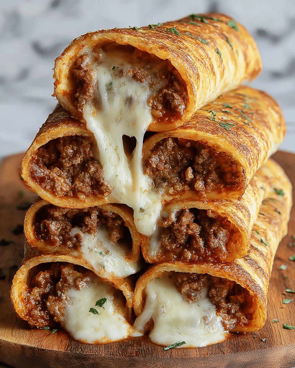 The image shows a close-up of five rolled enchiladas stacked in a pyramid shape on a white marbled surface. Each enchilada consists of three visible layers: the outer layer is a golden-brown, crispy tortilla with a slightly textured surface and small herbs sprinkled on top; the middle layer is a rich, crumbly ground meat filling with a reddish sauce; the innermost layer is melted, stretchy white cheese that oozes out from the ends of the rolls. In the blurred background, two white bowls with reddish salsa and another dish are partially seen. photo taken with an iphone --ar 4:5 --v 7