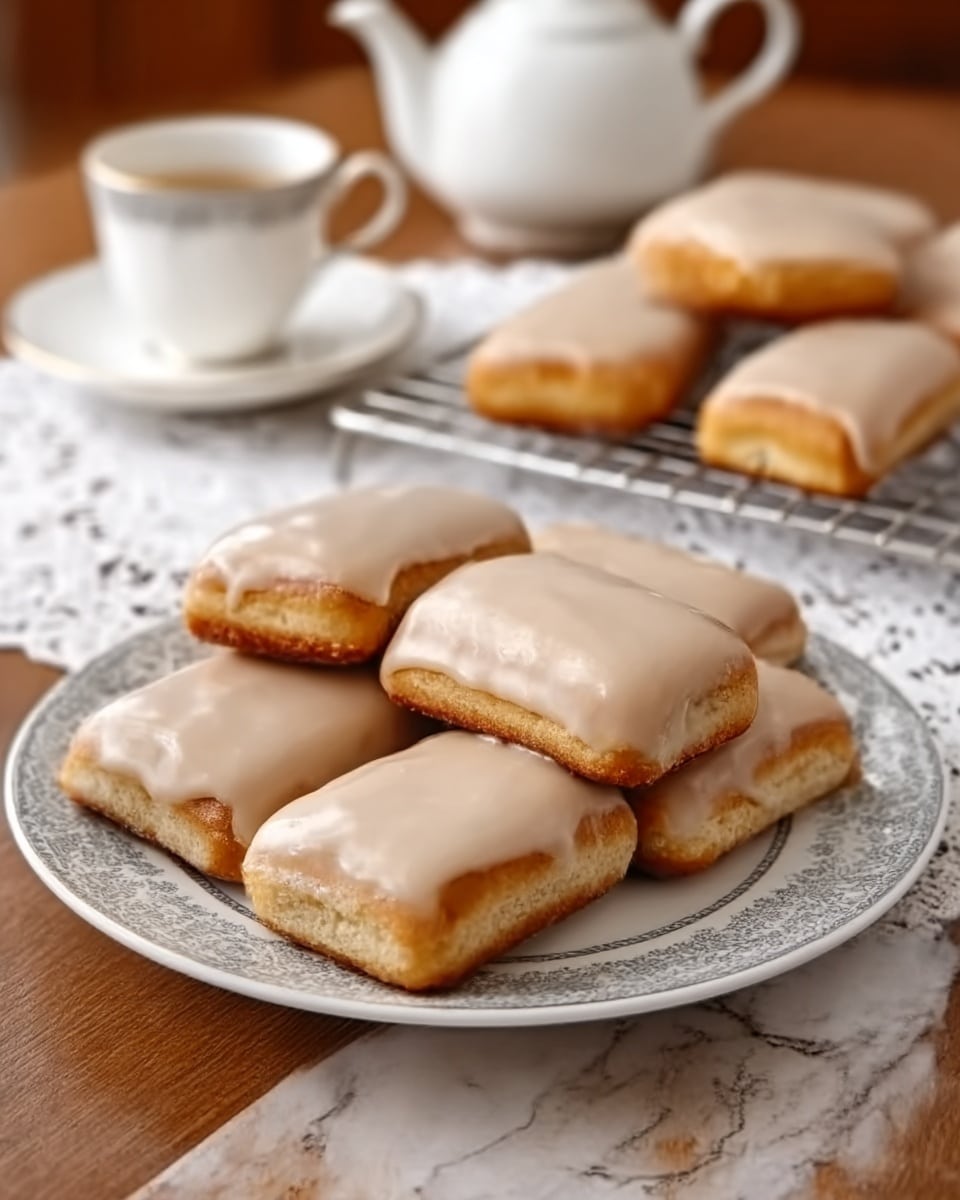 The image shows a round white plate with a delicate gray pattern around the edge, holding six rectangular glazed pastries, each topped with a smooth, light brown icing layer. The pastries have a golden-brown crust visible on the sides, with a soft, slightly fluffy texture under the icing. In the background, there is a cooling rack with two more pastries and a white teacup and teapot set on a white lace cloth, all placed on a wooden table with a white marbled texture surface. The scene looks warm and cozy, perfect for afternoon tea. Photo taken with an iphone --ar 4:5 --v 7