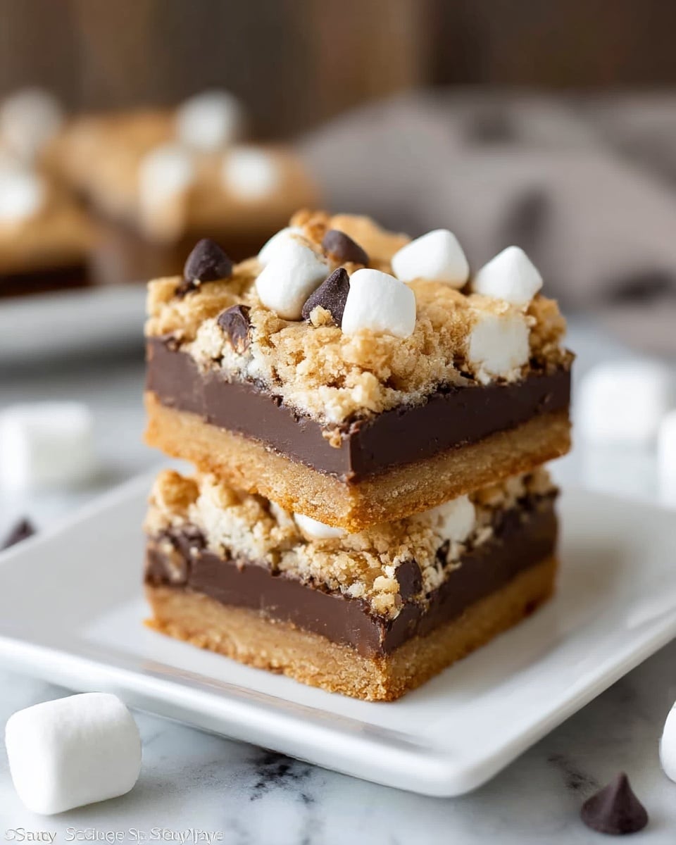 Two square dessert bars are stacked on a small white square plate placed on a white marbled surface. Each bar has three layers: the bottom layer is a dense, golden-brown cookie or graham cracker crust; the middle layer is a smooth, thick dark chocolate filling; the top layer is a cracked light golden crumbly topping mixed with white marshmallow pieces and scattered dark chocolate chips. Some marshmallows are visible around the plate beside it. The background is softly blurred with neutral tones. Photo taken with an iphone --ar 4:5 --v 7