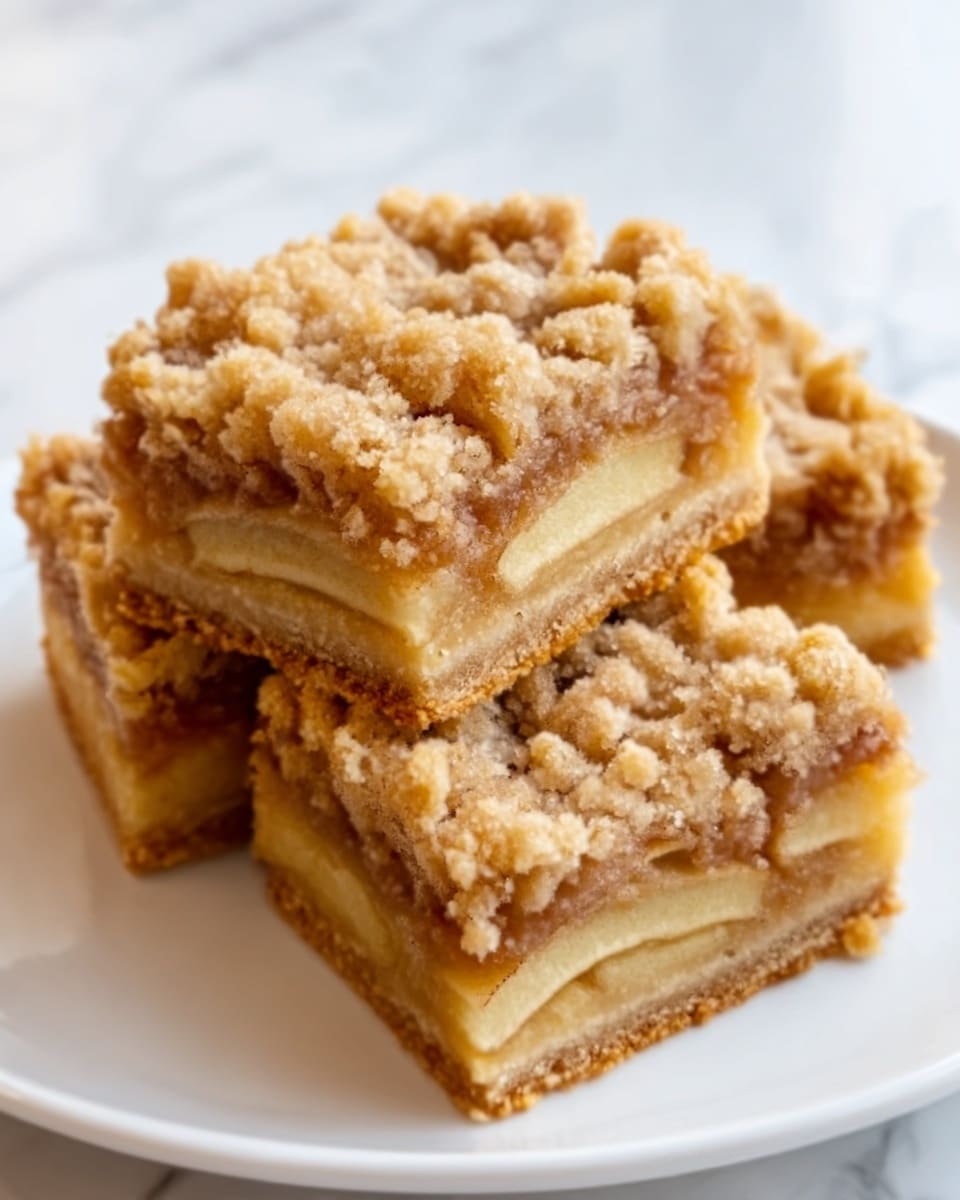 The image shows three square dessert bars on a white plate, each with three clear layers: a light tan crumbly crust at the bottom, a middle layer with thin slices of apple visible in a light golden color, and a top layer of thick, crumbly streusel in a golden brown shade. The bars have a slightly rough texture and look soft and moist inside. The background is a white marbled surface. photo taken with an iphone --ar 4:5 --v 7