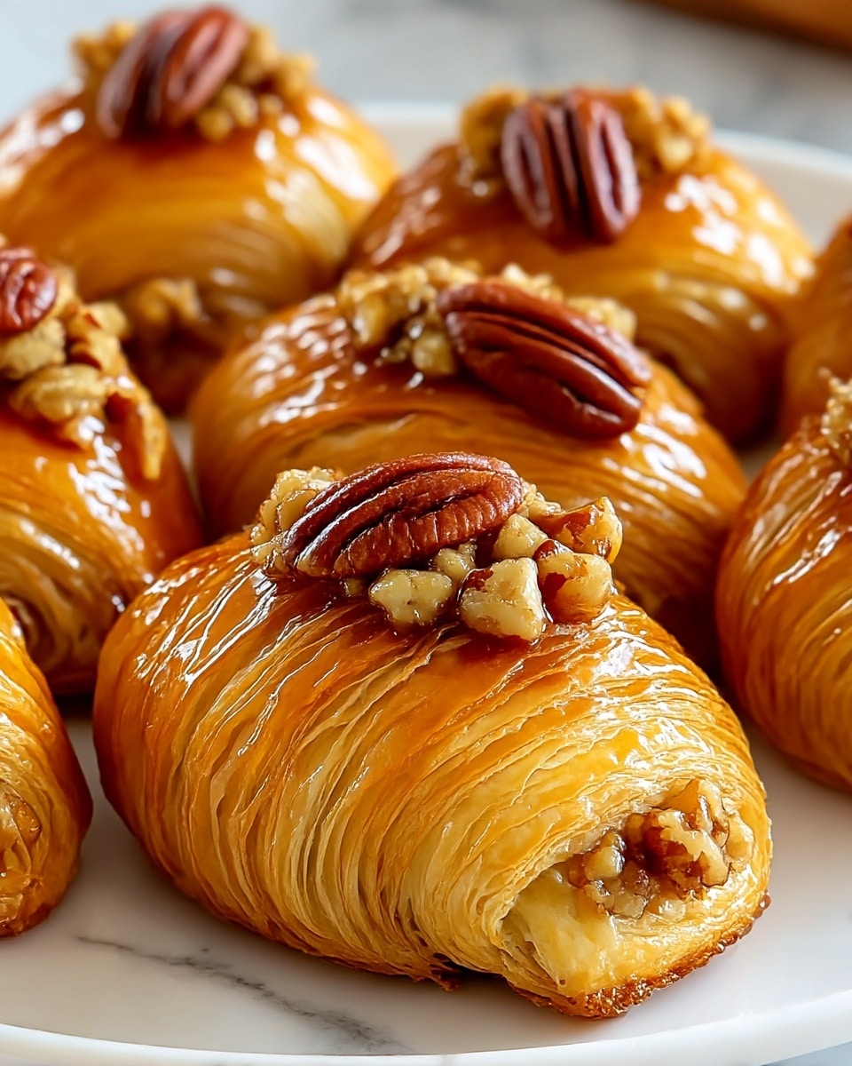 The image shows a close-up of several small pastries with many thin, golden-brown layers clearly visible, giving a flaky and shiny appearance. Each pastry is curved and topped with a glossy syrup coating, which adds a shiny texture. At the open end of each pastry, there is a mix of chopped nuts with a few whole pecans placed on top, adding a rich brown color contrast to the light golden layers. All pastries are arranged closely on a white plate, set on a white marbled surface. photo taken with an iphone --ar 4:5 --v 7