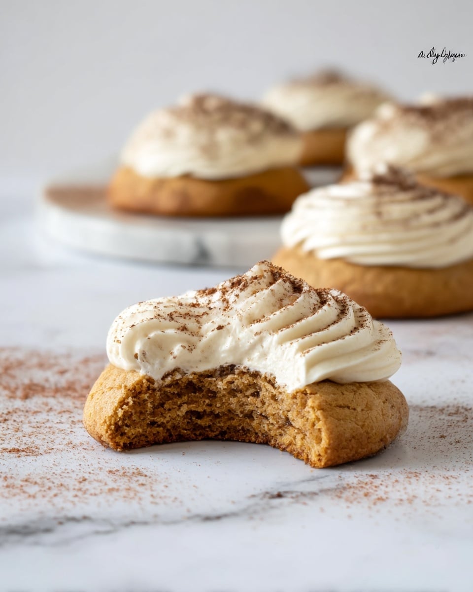 The image shows a close-up of a soft, thick cookie with a bite taken out, revealing a moist, spongy brown inside. On top of the cookie is a generous layer of creamy white frosting, swirled with visible ridges and sprinkled with fine brown powder, likely cocoa or cinnamon. In the background, there are three more cookies with the same frosting and topping, placed on a white marbled surface, with a light dusting of the same powder scattered around. The photo is bright and clear, focused on the bitten cookie at the front. photo taken with an iphone --ar 4:5 --v 7