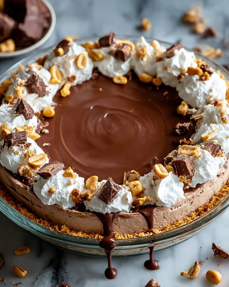 A round chocolate pie with three visible layers sits on a white marbled surface. The bottom layer is a light brown crunchy crust, the middle layer is creamy light brown chocolate filling, and the top layer is a darker smooth chocolate ganache. The pie is decorated with white whipped cream dollops around the edge, each topped with pieces of peanuts and chocolate chunks. More peanuts and small chocolate bits are scattered on the surface of the ganache between the cream dollops. The clear glass pie dish shows some chocolate ganache dripping over the edge. Photo taken with an iphone --ar 4:5 --v 7