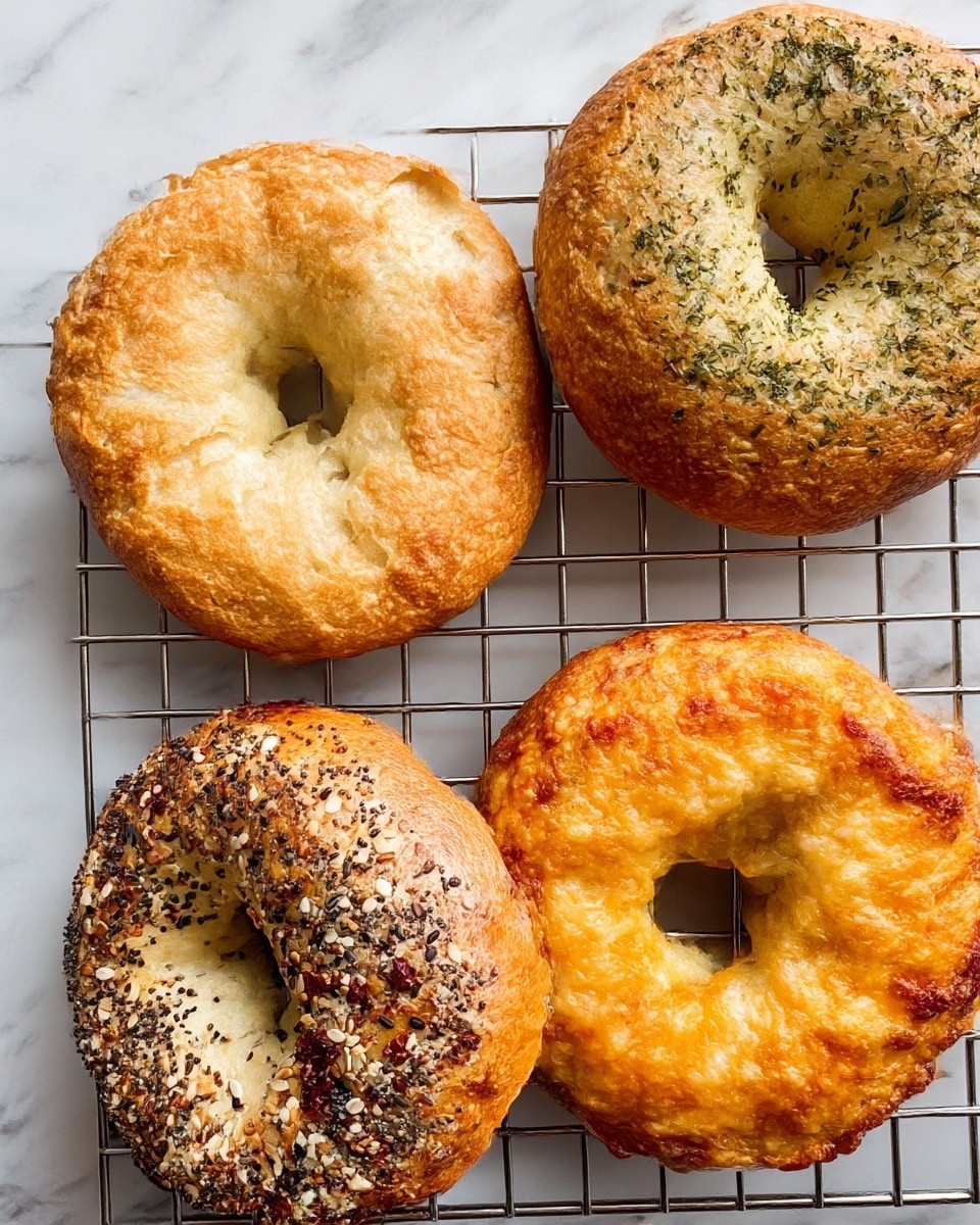 Four bagels are placed closely on a wire cooling rack over a white marbled surface. The top left bagel is plain with a golden brown, rough and fluffy texture. The top right bagel has a golden crust with green herb sprinkles scattered all over, showing a slightly glossy finish. The bottom left bagel is covered in seeds and spices, including sesame seeds, poppy seeds, and dry garlic flakes, giving it a textured appearance with various shades of brown, black, and white. The bottom right bagel is golden and covered with melted cheese, giving it a bubbly and slightly crispy texture. Photo taken with an iphone --ar 4:5 --v 7