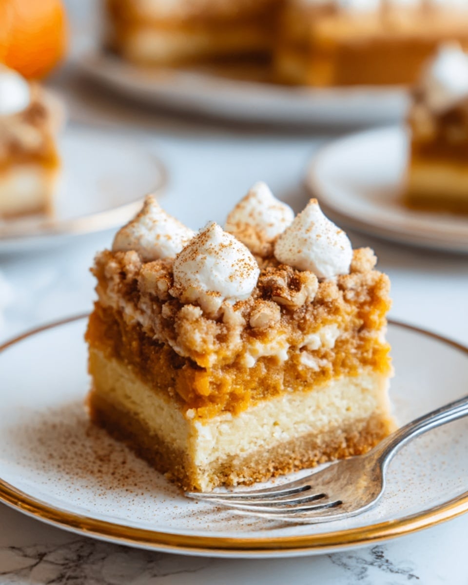 A square slice of a layered dessert sits on a white plate with a gold rim, placed on a white marbled surface. The bottom layer is a golden brown crust, topped by a thick light beige cake layer. Above that is a generous layer of orange pumpkin filling mixed with brown streusel and pecan pieces. The top layer features small dollops of white cream, each dusted with a bit of brown spice. A silver fork rests on the plate next to the slice. In the blurred background, there is another plate with more of the dessert. Photo taken with an iphone --ar 4:5 --v 7