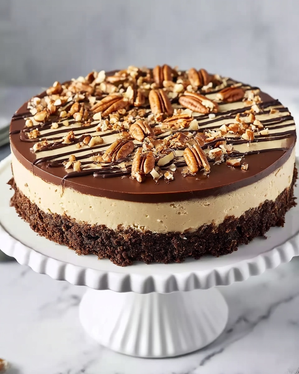A three-layer round dessert placed on a white fluted cake stand, set on a white marbled surface. The bottom layer is crumbly and dark brown with rough edges, resembling a cookie or brownie crust. The middle layer is thick, smooth, and glossy chocolate brown, evenly spread over the crust. The top layer is creamy with a pale beige color, topped with a generous sprinkle of chopped nuts and pecan halves, giving it a textured look. Thin, dark chocolate lines are drizzled diagonally across the top layer, adding a decorative touch. Photo taken with an iphone --ar 4:5 --v 7