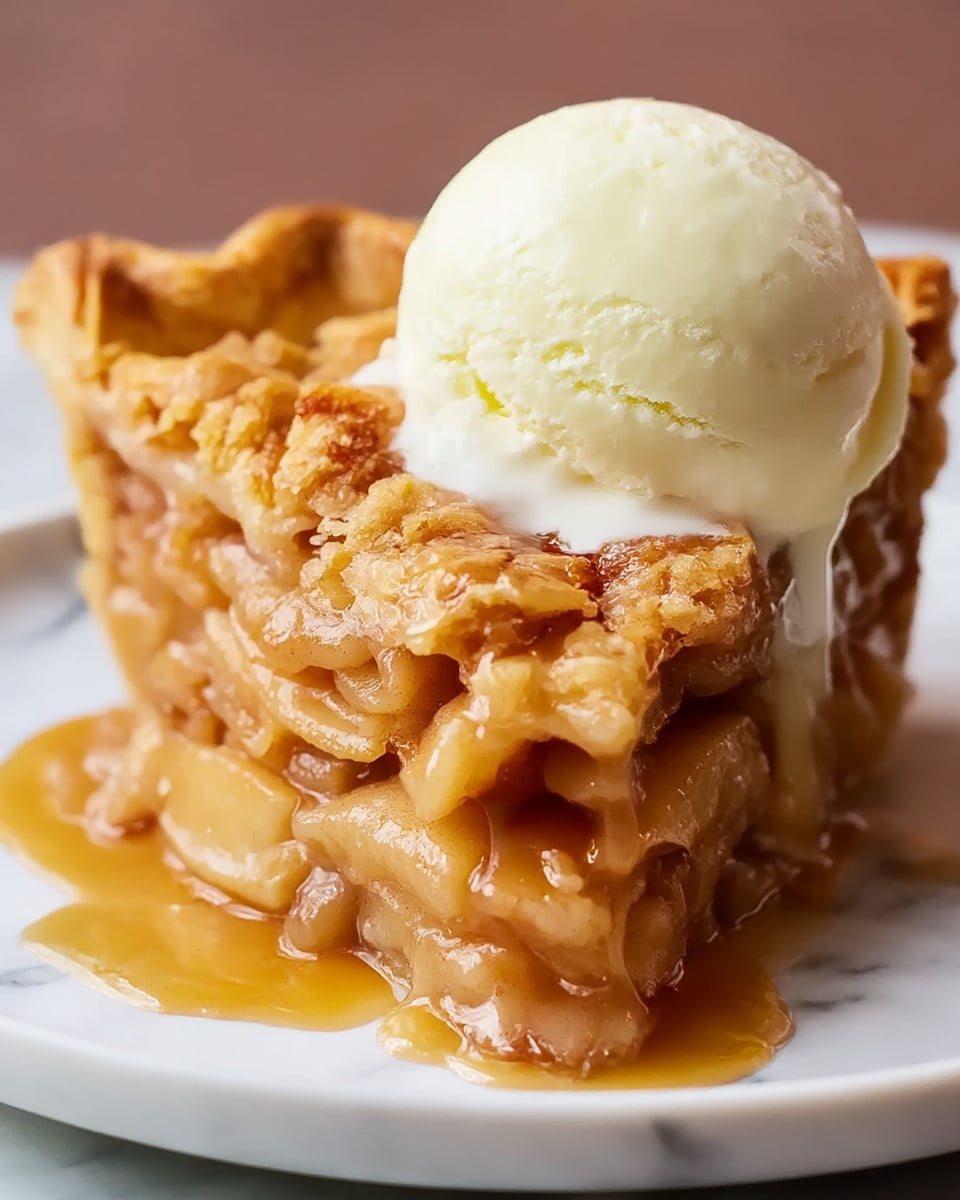 A close-up view of a slice of apple pie on a white plate with a white marbled texture underneath. The apple pie has a golden-brown crust on top, with a crumbly and slightly rough texture. Inside the pie, there are visible layers of soft, cooked apple slices coated in a shiny, caramel-colored sauce. The sauce is slightly dripping down the sides of the pie slice, adding a glossy look. On top of the pie slice is a smooth, round scoop of vanilla ice cream, which is beginning to melt slightly and drip down onto the pie. Photo taken with an iphone --ar 4:5 --v 7