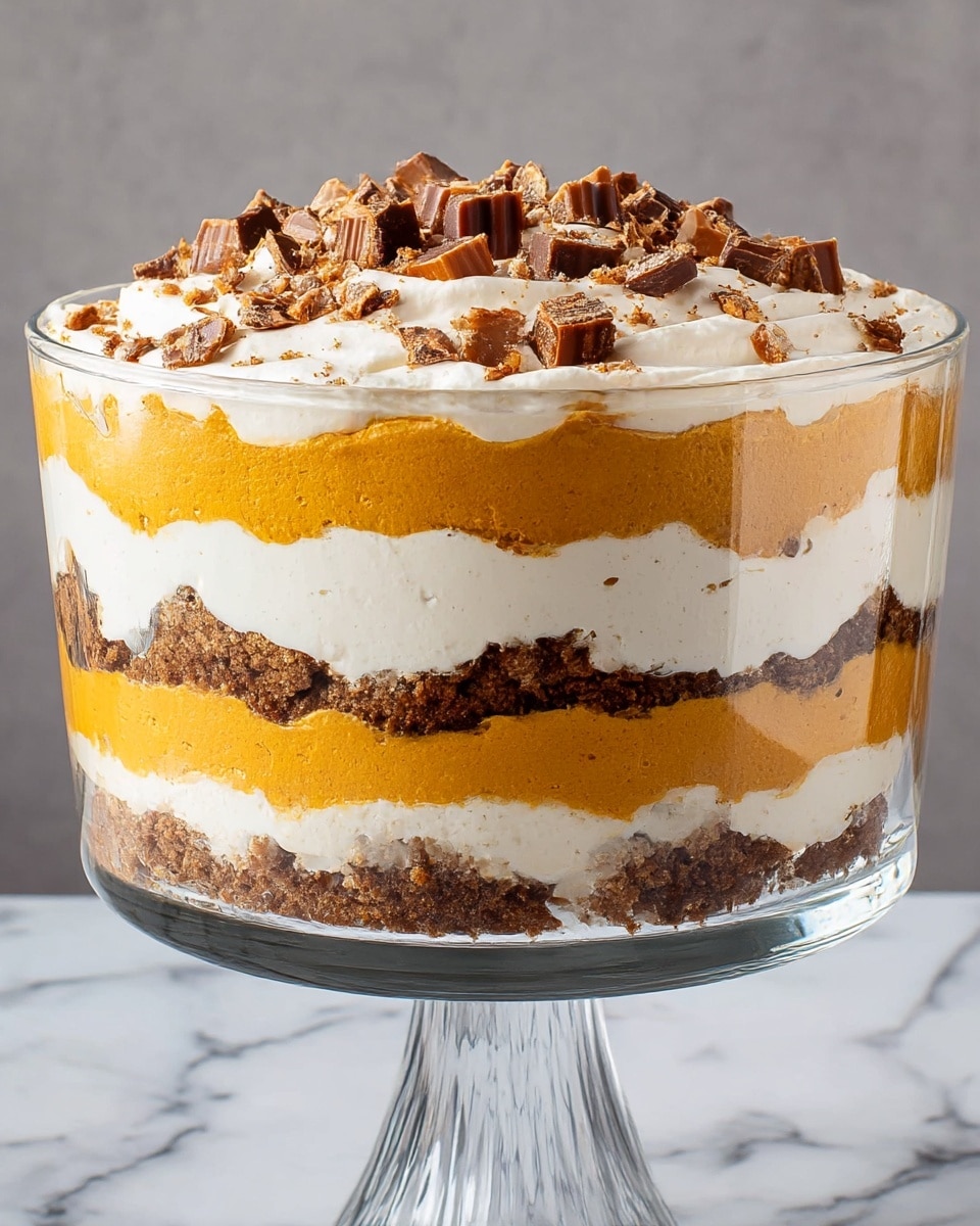 A clear glass bowl with a tall round shape shows a layered dessert standing on a clear glass pedestal, set on a white marbled texture. The dessert has five visible layers, starting from the bottom: the first layer is a crumbly dark brown cake, the second is a smooth deep orange pumpkin-colored creamy layer, the third is a white fluffy cream layer with some cake crumbs inside it, the fourth is another dark brown cake layer, and the fifth is a thick white cream topping sprinkled with chunks of dark brown and caramel candy pieces. The layers have uneven natural edges. photo taken with an iphone --ar 4:5 --v 7