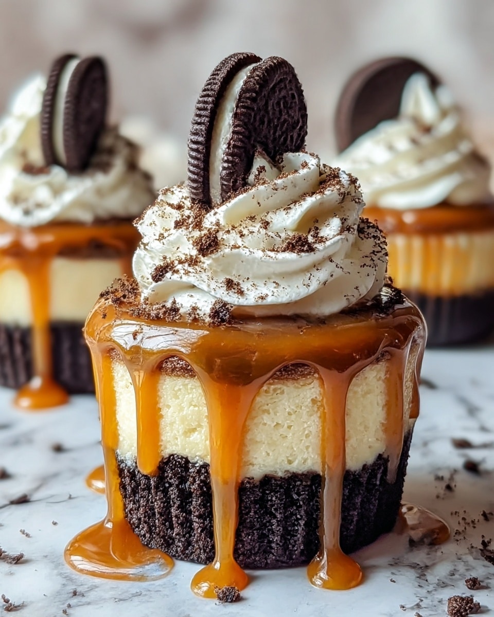A three-layer dessert cupcake sits on a white marbled surface, starting with a dark chocolate cookie crumb base that is textured and pressed into the cupcake liner. The middle layer is a smooth, light cream cheesecake, topped with a thick, glossy caramel sauce that drips down the sides in rich golden brown streams. On top, there is a generous swirl of white whipped cream, sprinkled with fine dark brown cookie crumbs, and finished with half of a dark chocolate sandwich cookie pressed vertically into the whipped cream. Two similar cupcakes are blurred in the background on the same white marbled surface. Photo taken with an iphone --ar 4:5 --v 7