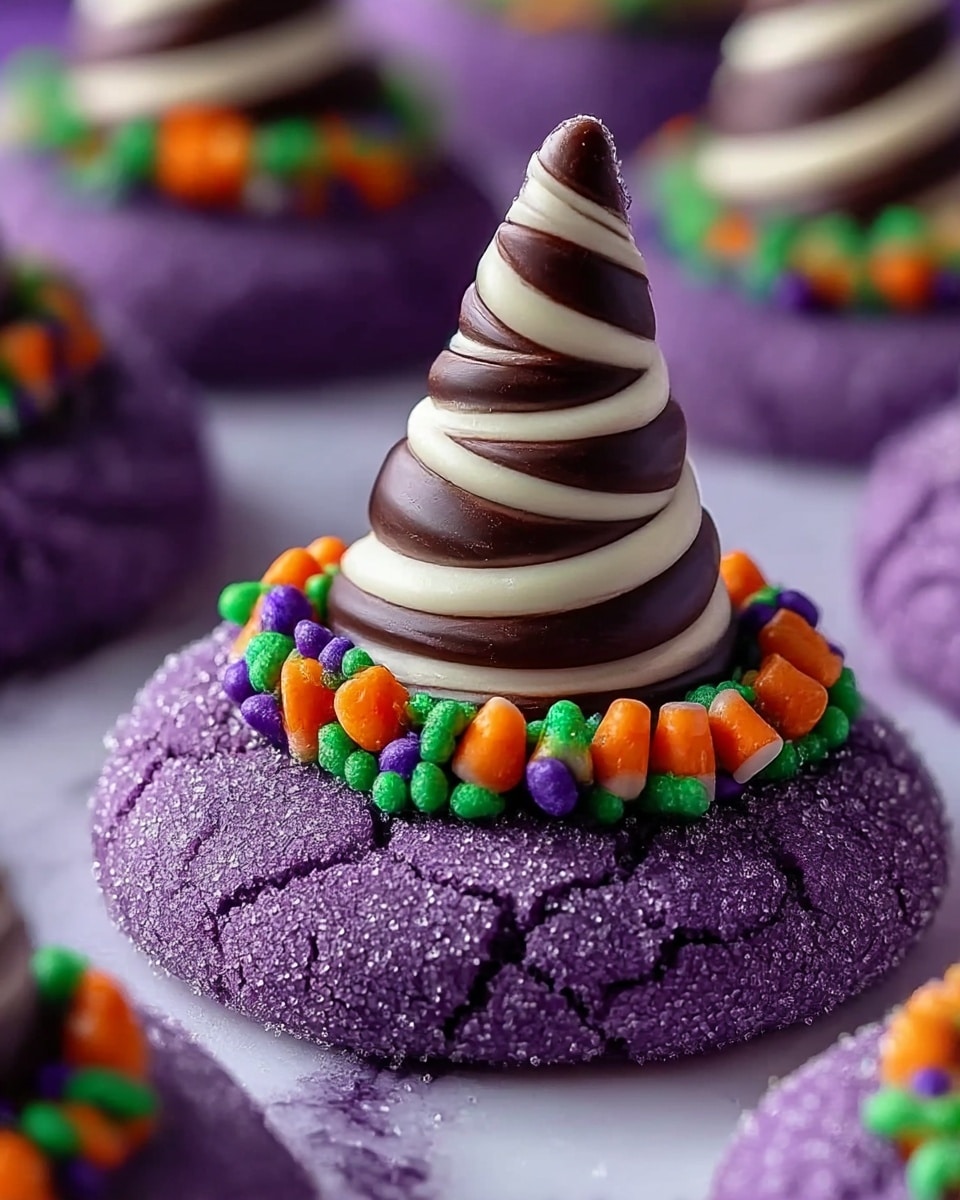 A close-up of a round purple cookie with a cracked texture on top, covered in purple sugar. On the center of the cookie is a ring of small orange, green, and purple round sprinkles. Inside the ring sits a cone-shaped candy with spiraled dark brown and white stripes. The cookie is placed on a white marbled surface with blurred cookies in the background. photo taken with an iphone --ar 4:5 --v 7