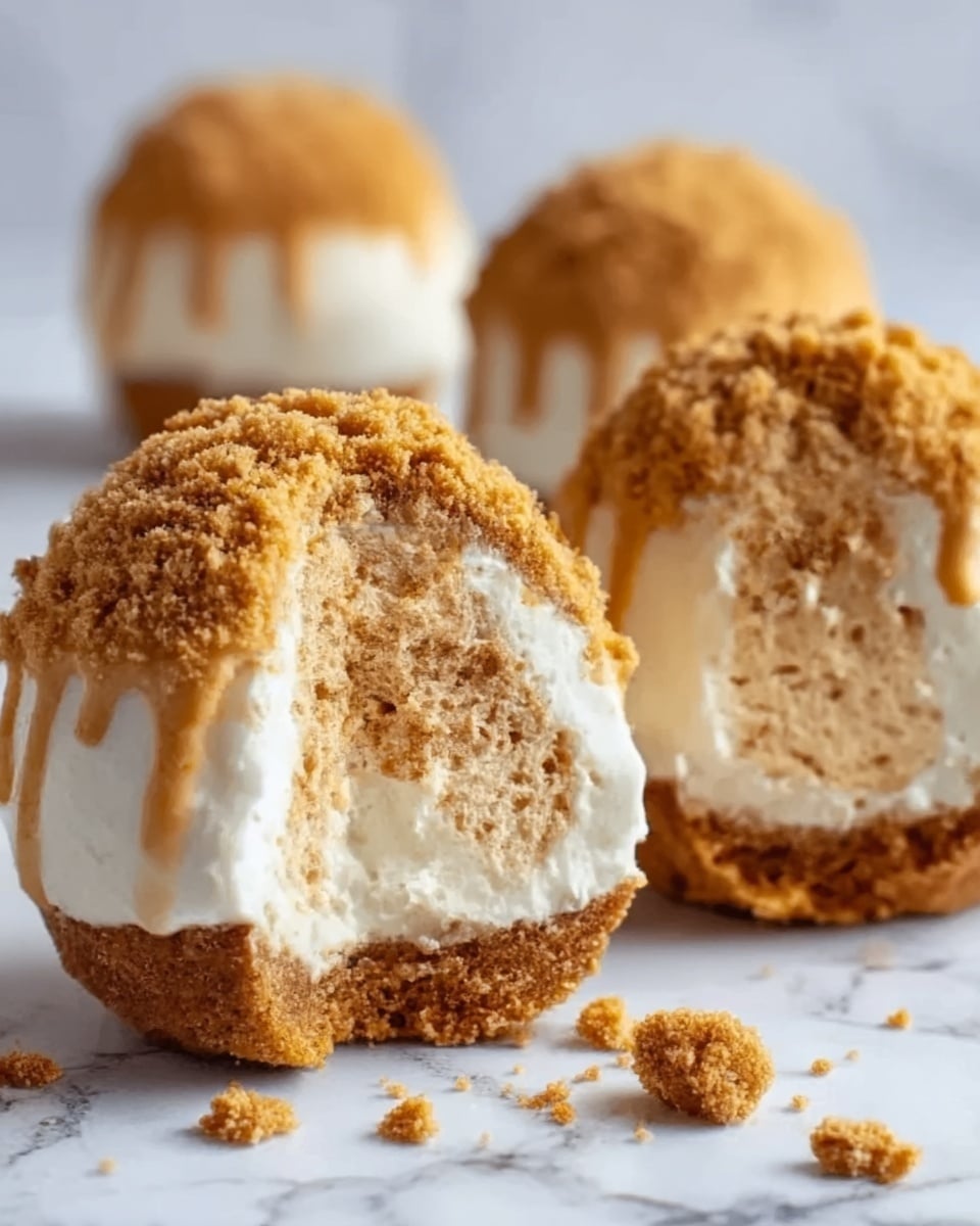 The image shows three small round treats with a crumbly golden brown coating on top and a layer of white cream just below it. The inside is filled with a light brown, smooth filling. One treat is cut open to show the creamy middle and crumb layer clearly. They sit on a white marbled surface with scattered crumbs around. Photo taken with an iphone --ar 4:5 --v 7