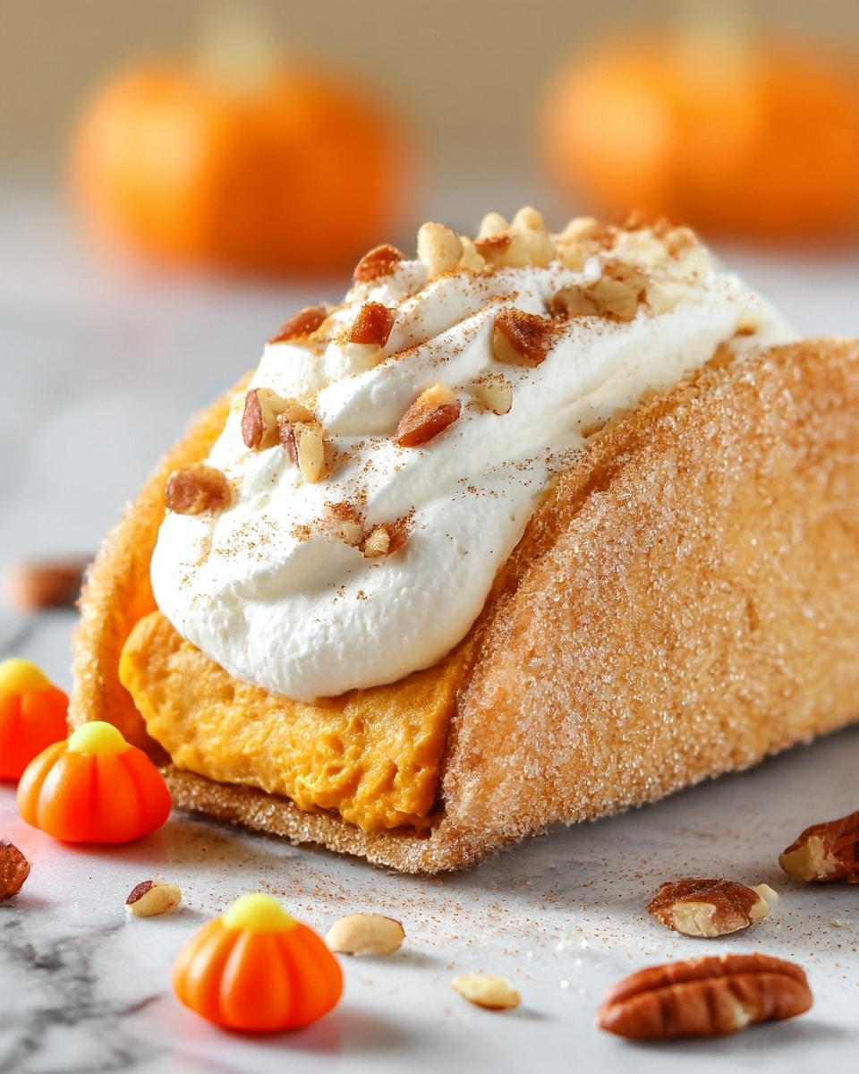 The image shows a dessert taco with three visible layers. The bottom layer is a light brown, sugar-coated taco shell with a rough, sparkling texture. Inside the shell, there is a thick layer of smooth orange pumpkin filling that fills the base and curves along the shell. On top of the pumpkin filling, a fluffy white whipped cream layer is piled, sprinkled with small chopped nut pieces and a light dusting of brown spice. Around the taco, there are scattered chopped nuts and two small, bright orange pumpkin-shaped candies on a white marbled surface. The background is softly blurred. Photo taken with an iphone --ar 4:5 --v 7