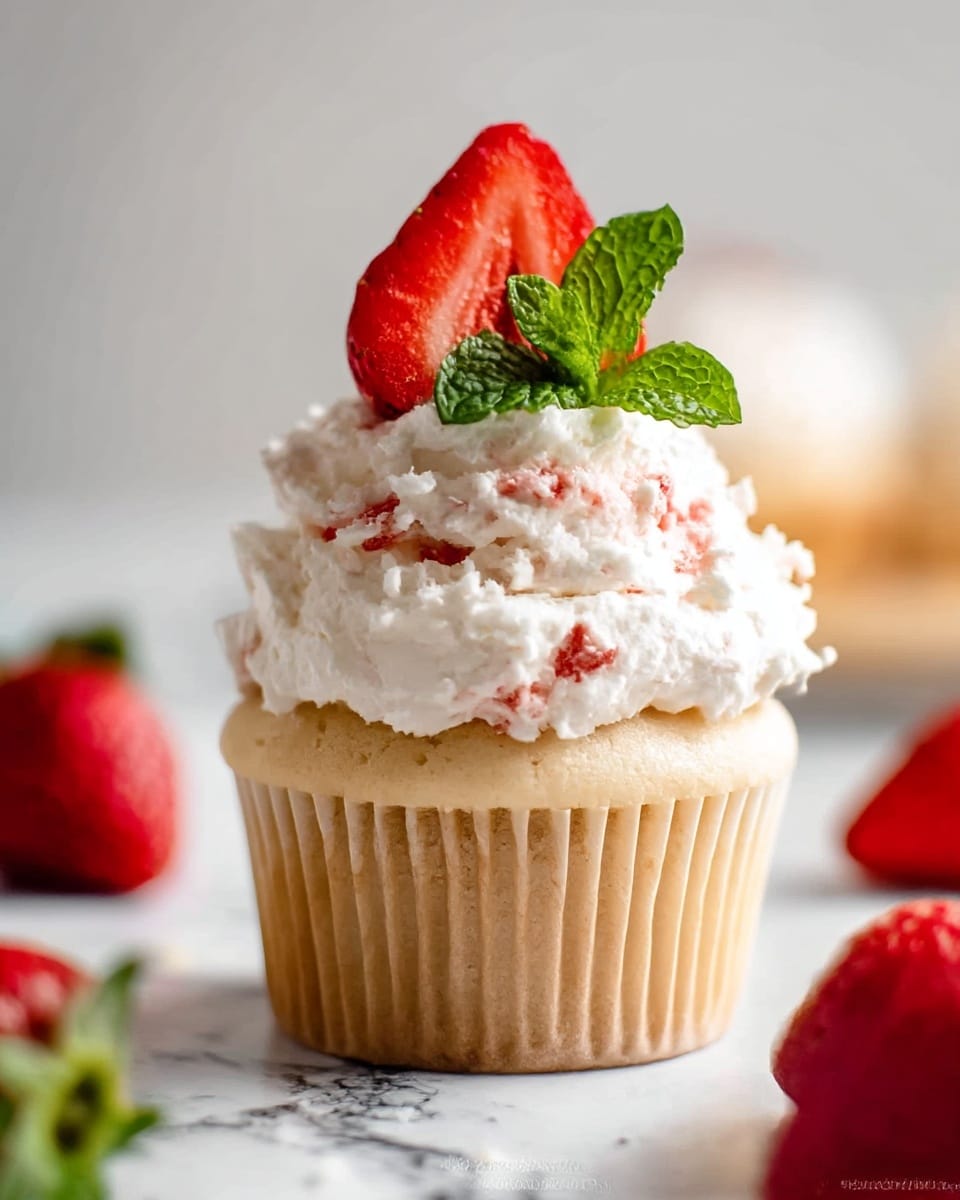 A single cupcake sits on a white marbled surface, featuring one visible layer of soft, light beige cake wrapped in a ridged paper liner. On top, there is a thick, fluffy layer of white whipped cream with bits of red strawberry mixed in, giving it a textured, slightly uneven look. The frosting is crowned with a bright red strawberry cut partly in half and a small sprig of fresh green mint leaves, adding a pop of natural color. Around the cupcake, there are whole strawberries scattered lightly on the surface in soft focus. Photo taken with an iphone --ar 4:5 --v 7