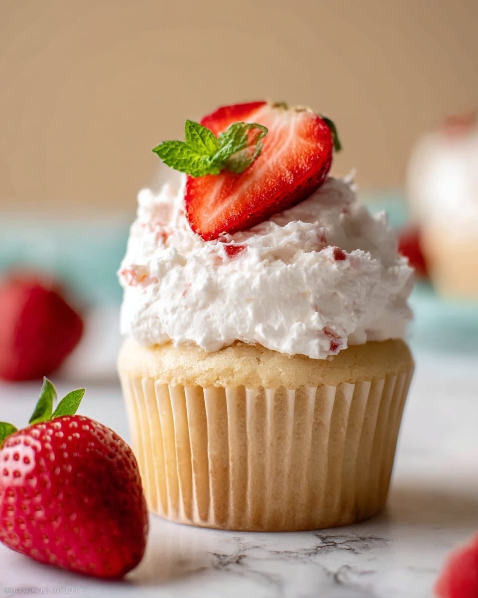 A close-up image of a single cupcake on a white marbled surface with two whole strawberries nearby. The cupcake has one visible layer of light golden cake wrapped in a beige ridged paper liner. On top, there is a thick, fluffy layer of white whipped cream mixed with small bits of red strawberry. The cream is topped with a halved fresh strawberry and a small sprig of green mint leaf. The background is softly blurred with warm neutral tones. Photo taken with an iphone --ar 4:5 --v 7