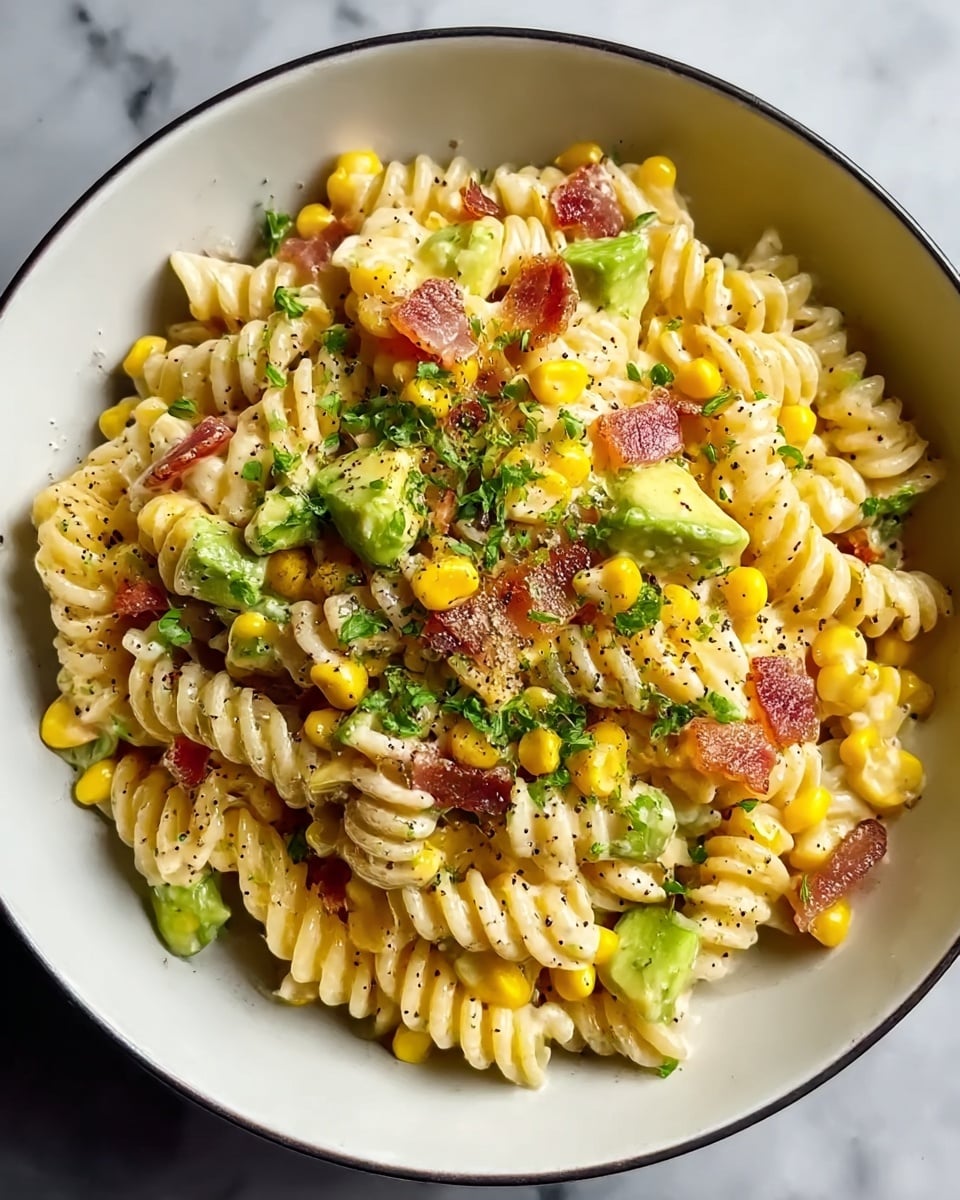 A close-up top view of a white bowl filled with creamy spiral pasta mixed with bright yellow corn kernels, small chunks of green avocado, and bits of reddish bacon. The pasta is coated in a light sauce with visible black pepper and sprinkled green herbs on top, adding texture and color contrast. The bowl is placed on a white marbled surface. Photo taken with an iphone --ar 4:5 --v 7