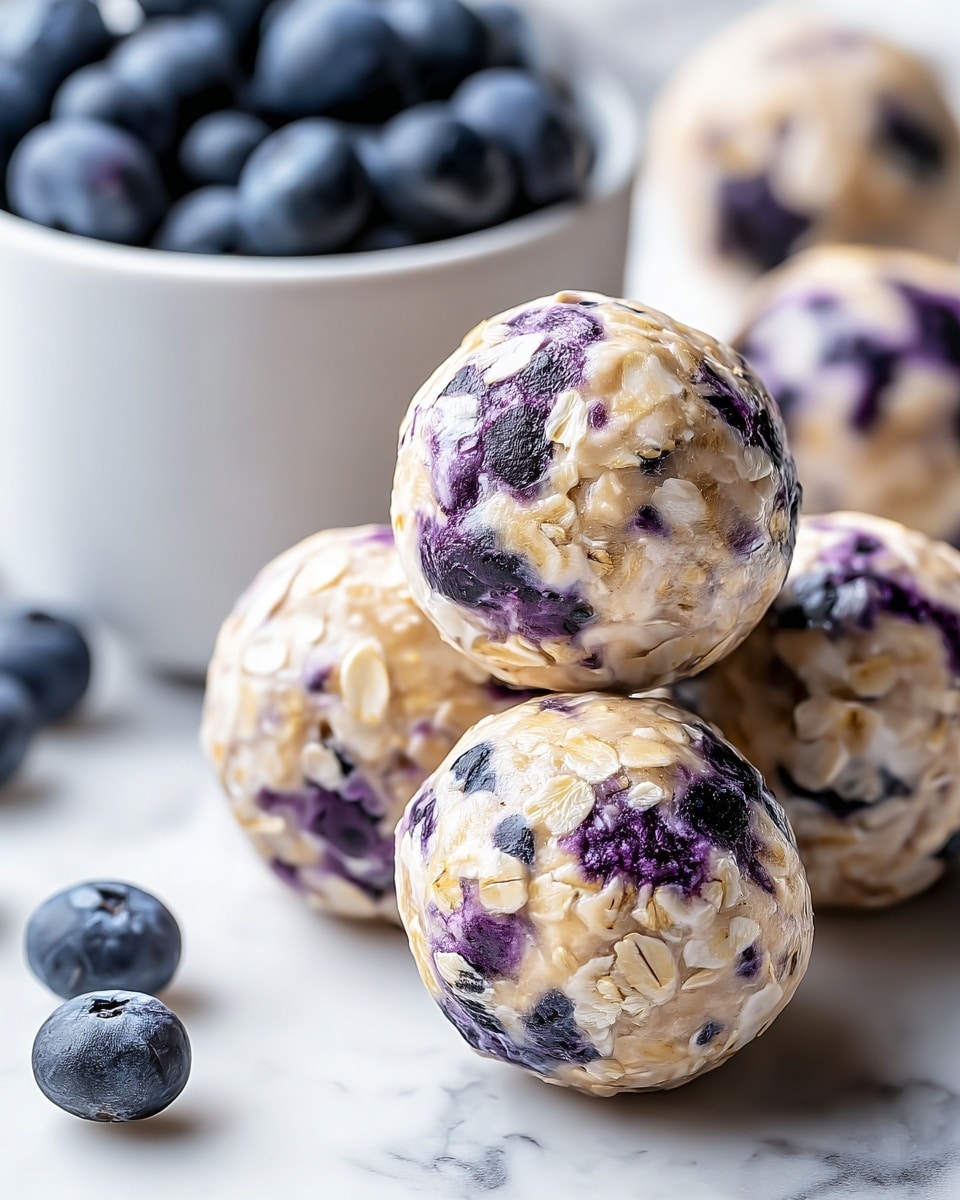 The image shows a close-up of round snack balls, about six visible, resting on a white marbled surface. Each ball has a creamy, light beige base with oats embedded throughout and is mixed with spots of dark purple blueberries, giving a marbled effect. In the background, there is a white bowl filled with fresh blueberries, and a few loose blueberries are scattered on the surface around the balls. The texture of the balls looks slightly sticky or glossy, highlighting the oats and blueberries inside. photo taken with an iphone --ar 4:5 --v 7