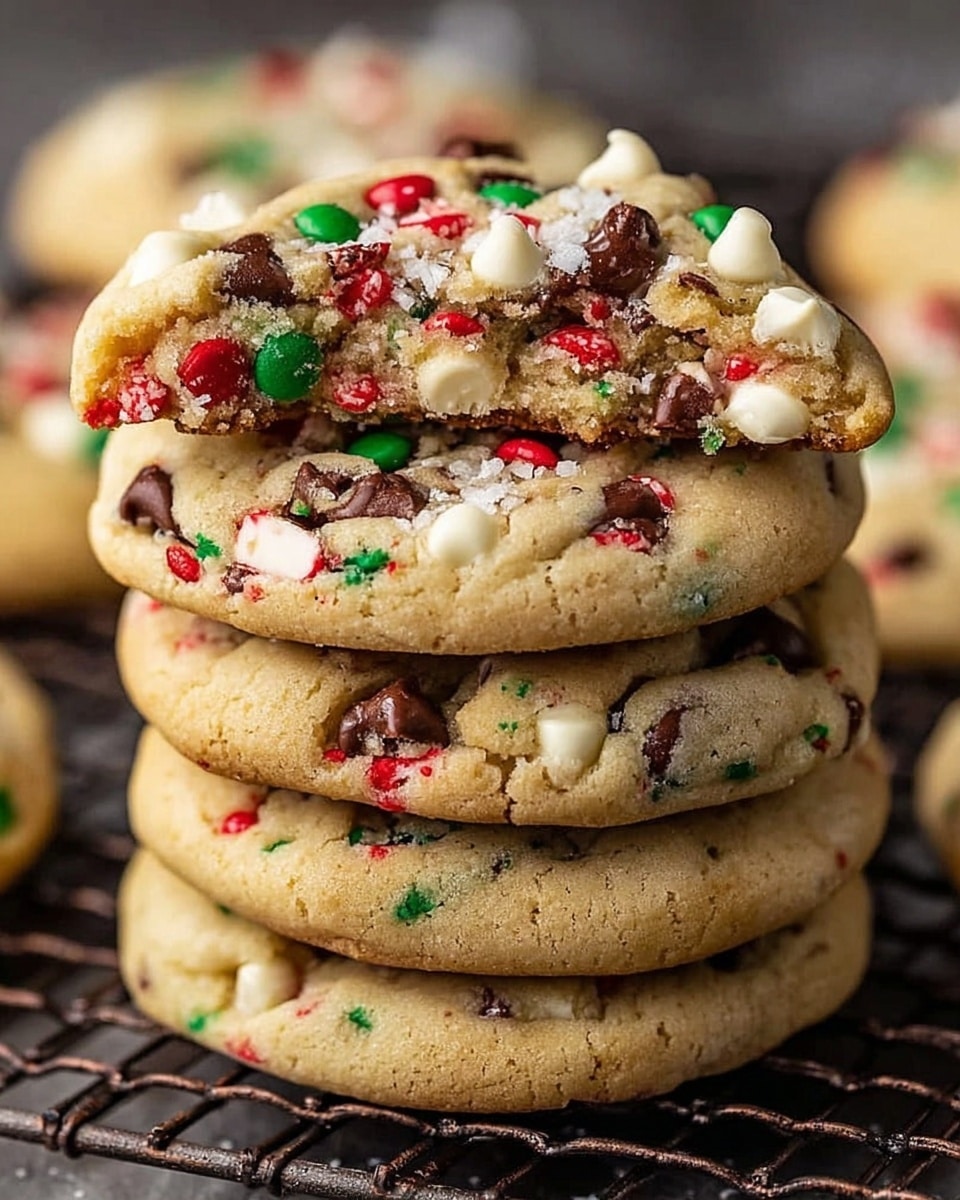 A stack of five thick, soft cookies with a golden-brown base filled with small red and green candy pieces, dark brown chocolate chips, and white chocolate chunks. The top cookie has a large bite taken out, revealing a chewy inside with more chocolate chips and candy pieces visible inside. Each cookie is round with a slightly cracked surface, showing a mix of smooth and rough textures. The cookies are stacked on a dark wire rack with a blurred background, highlighting the colorful candy and chocolate details. Photo taken with an iphone --ar 4:5 --v 7