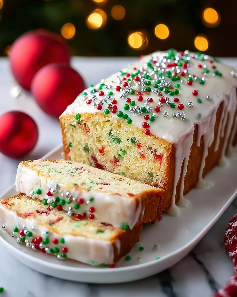 A white rectangular loaf cake sits on a white plate, with one slice cut and placed in front. The cake has two layers: a soft, light yellow inside speckled with red and green bits, and a smooth white icing layer on top that drips slightly down the sides. Red, green, and silver round sprinkles cover the icing, adding a festive look. The background shows blurred warm lights and red Christmas ornaments, all on a white marbled surface. Photo taken with an iphone --ar 4:5 --v 7