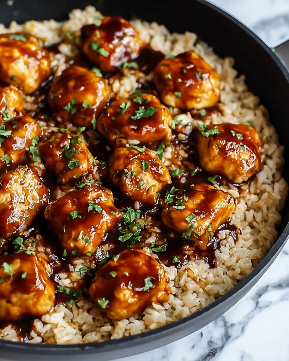 The dish shows a close-up of a black pan filled with a base layer of light brown cooked rice, topped with several pieces of golden-brown chicken coated in a thick, shiny dark brown sauce. The chicken pieces are scattered evenly over the rice and sprinkled with small bits of fresh green herbs, adding a pop of color. The texture of the chicken looks tender and moist, while the rice appears fluffy. The photo is set against a white marbled surface. photo taken with an iphone --ar 4:5 --v 7