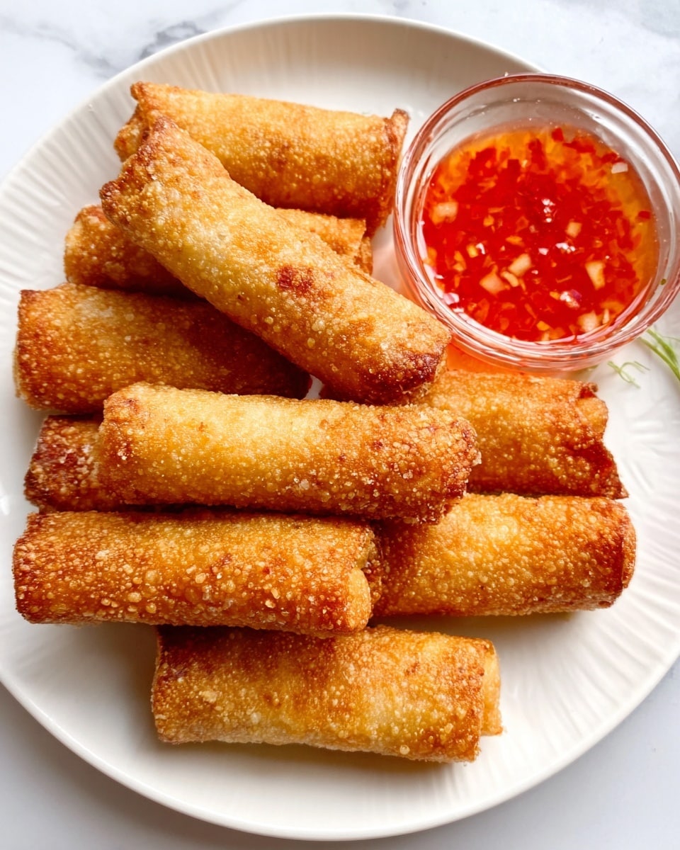 The image shows a white plate with seven crispy golden-brown spring rolls arranged in a stack, some overlapping each other. Each spring roll has a rough textured surface with a crunchy appearance. On the right side of the plate, there is a small clear glass bowl filled with bright red sweet chili sauce that has visible bits of chili inside. The plate sits on a white marbled surface, adding a clean and bright background to the scene. photo taken with an iphone --ar 4:5 --v 7