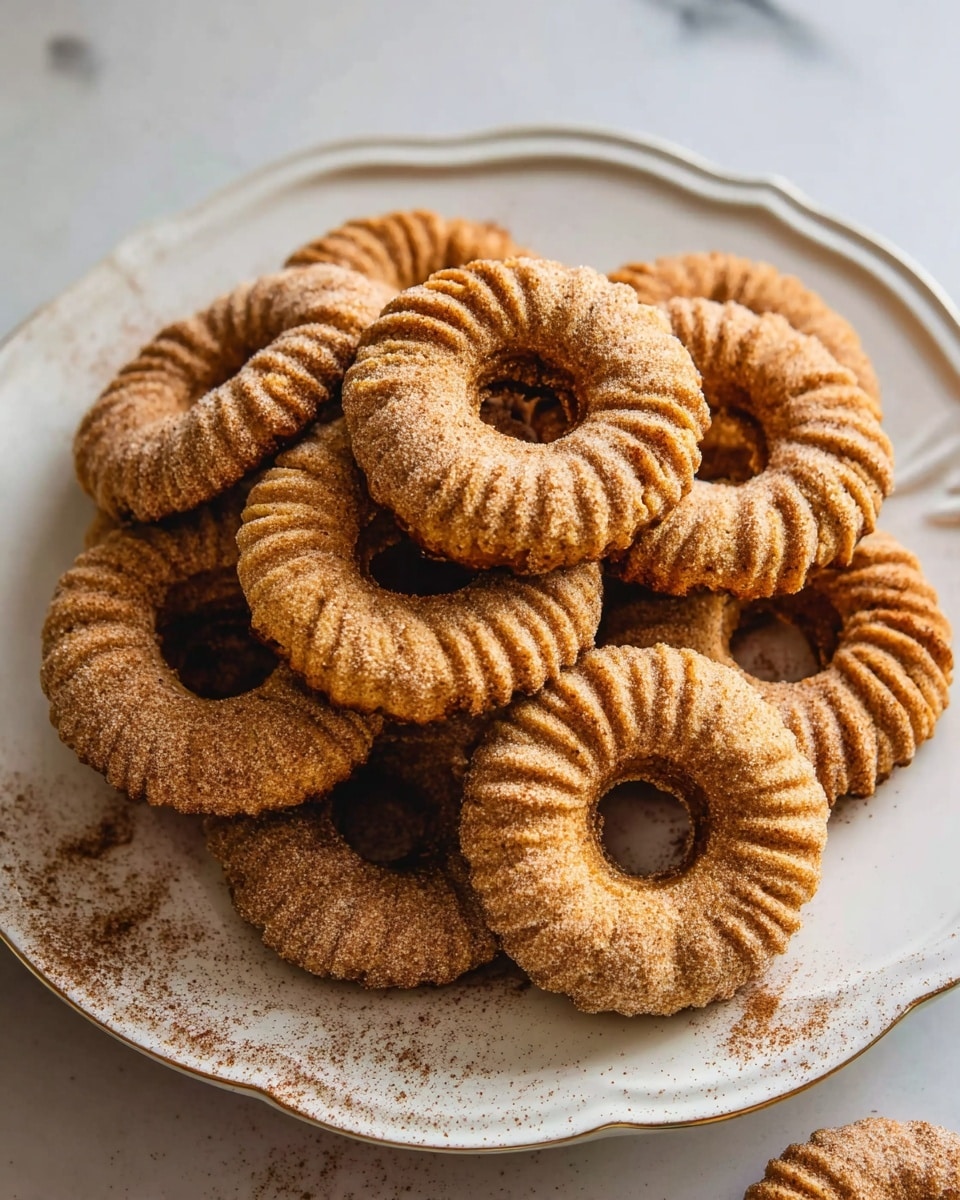 A white plate with a slightly scalloped edge holds a pile of round, ridged cookies with a hollow center, stacked unevenly. The cookies are golden-brown with a slightly rough texture, showing their baked crispiness. The plate sits on a white marbled surface, and a dusting of cinnamon or powdered sugar lightly covers the cookies and the area around them. Photo taken with an iphone --ar 4:5 --v 7