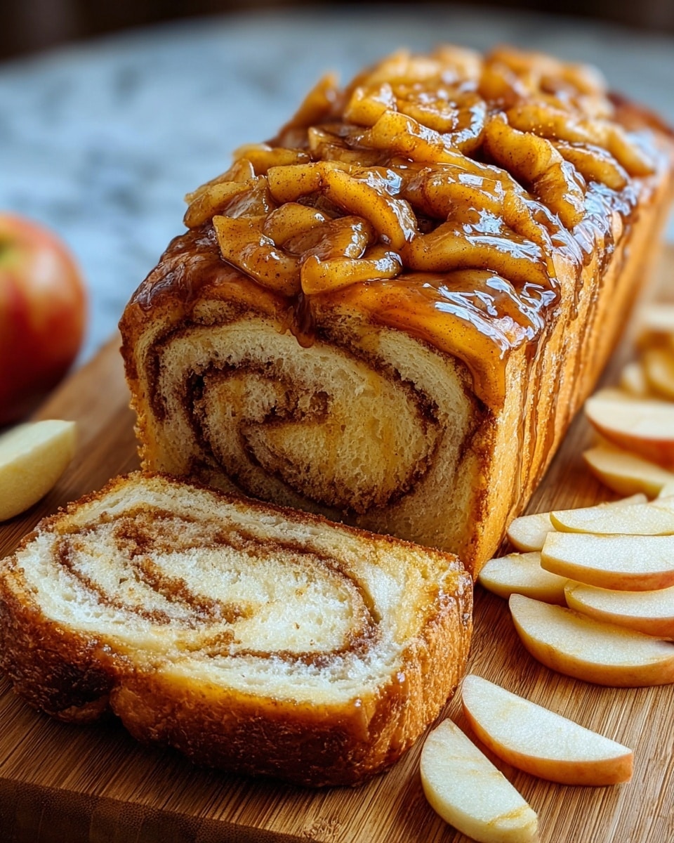 A loaf of cinnamon swirl bread is shown partially sliced, revealing two main layers inside: a light golden baked bread layer and a cinnamon sugar swirl spiraled through the center. On top, there is a thick glossy layer of caramelized apple slices coated in a shiny cinnamon glaze that looks sticky and sweet, sitting in an uneven, textured pile. The bread crust is a rich golden brown with a slightly crisp edge. Surrounding the loaf are thinly sliced apple pieces that add a fresh touch. The scene is on a wooden board with a blurred white marbled texture background. photo taken with an iphone --ar 4:5 --v 7