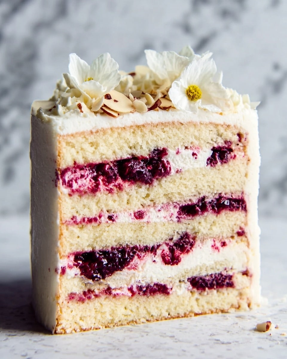 The image shows a tall layered cake with four thick layers of light cream-colored sponge. Between each sponge layer, there is a visible layer of dark red berry filling with small pieces of fruit. The outside of the cake is covered with smooth white frosting, and the top is decorated with more berry filling, white flower petals, and some slivered nuts, adding texture and color. The cake sits on a flat surface with a white marbled texture in the background. photo taken with an iphone --ar 4:5 --v 7