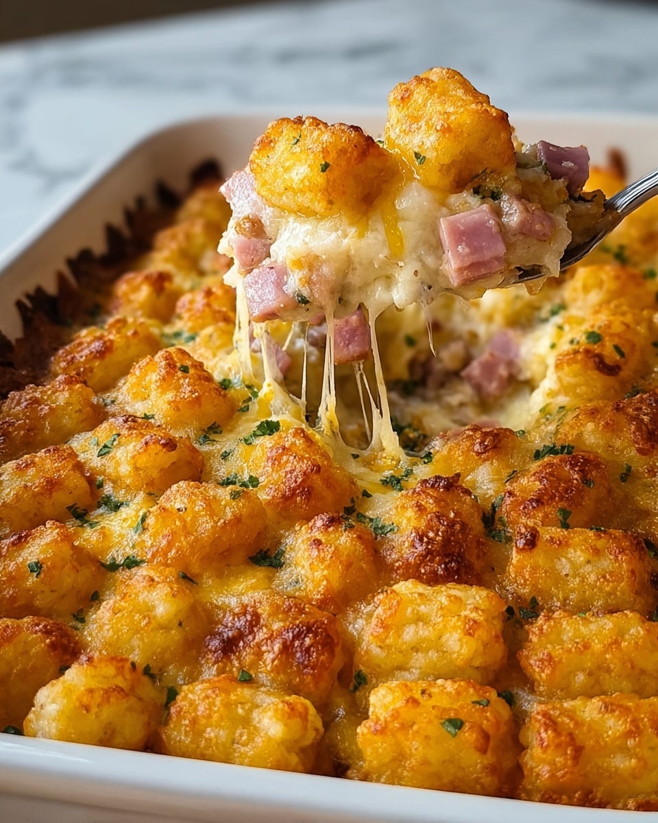 A close-up view of a baked dish in a white rectangular baking dish filled with crispy golden tater tots arranged on top of a creamy, melted cheese mixture with visible small cubes of ham. The cheese is bubbly with melted strings stretching as a silver spoon lifts a portion, showing the gooey texture below the browned, slightly crispy tater tots. Light green herbs are sprinkled across the top, adding a fresh color contrast. The dish rests on a surface with a white marbled texture. photo taken with an iphone --ar 4:5 --v 7