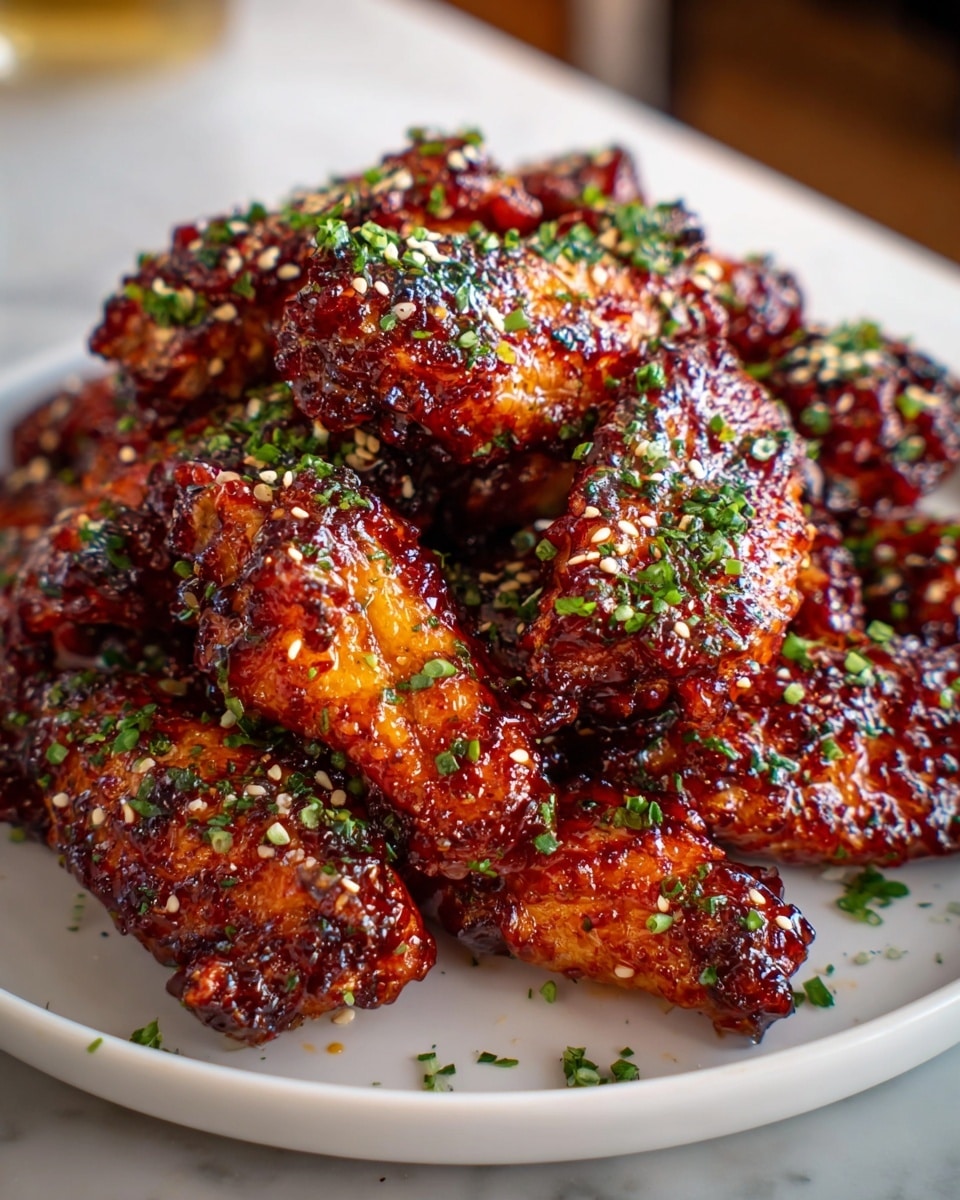 A white plate filled with a large stack of sticky, glazed chicken wings, each wing coated in a glossy, deep red-brown sauce with visible charred spots, giving a crispy texture. The wings are sprinkled generously with white sesame seeds and finely chopped fresh green herbs scattered evenly over the top and around the plate. The background features a white marbled texture with soft natural light highlighting the wings' shiny, caramelized surface, making them look juicy and tender. photo taken with an iphone --ar 4:5 --v 7