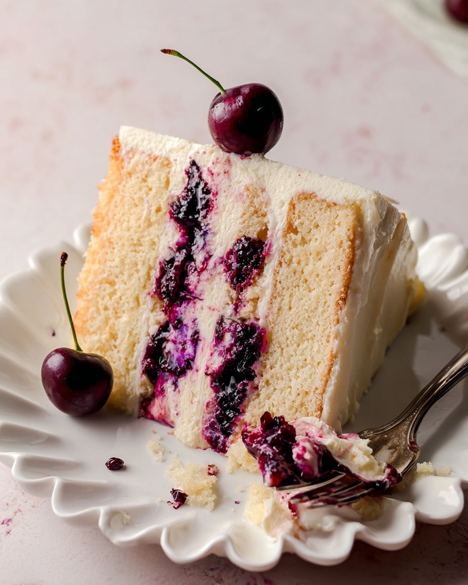 A slice of three-layer light yellow sponge cake sits on a white scalloped plate, each layer separated by thick dark purple and bright red cherry filling mixed with creamy white frosting. The top layer is covered in smooth white frosting with a small cluster of fresh dark cherries with stems on the side. A silver fork with some crumbs and cherry filling rests near the bottom edge of the plate. The background is a white marbled texture. photo taken with an iphone --ar 4:5 --v 7
