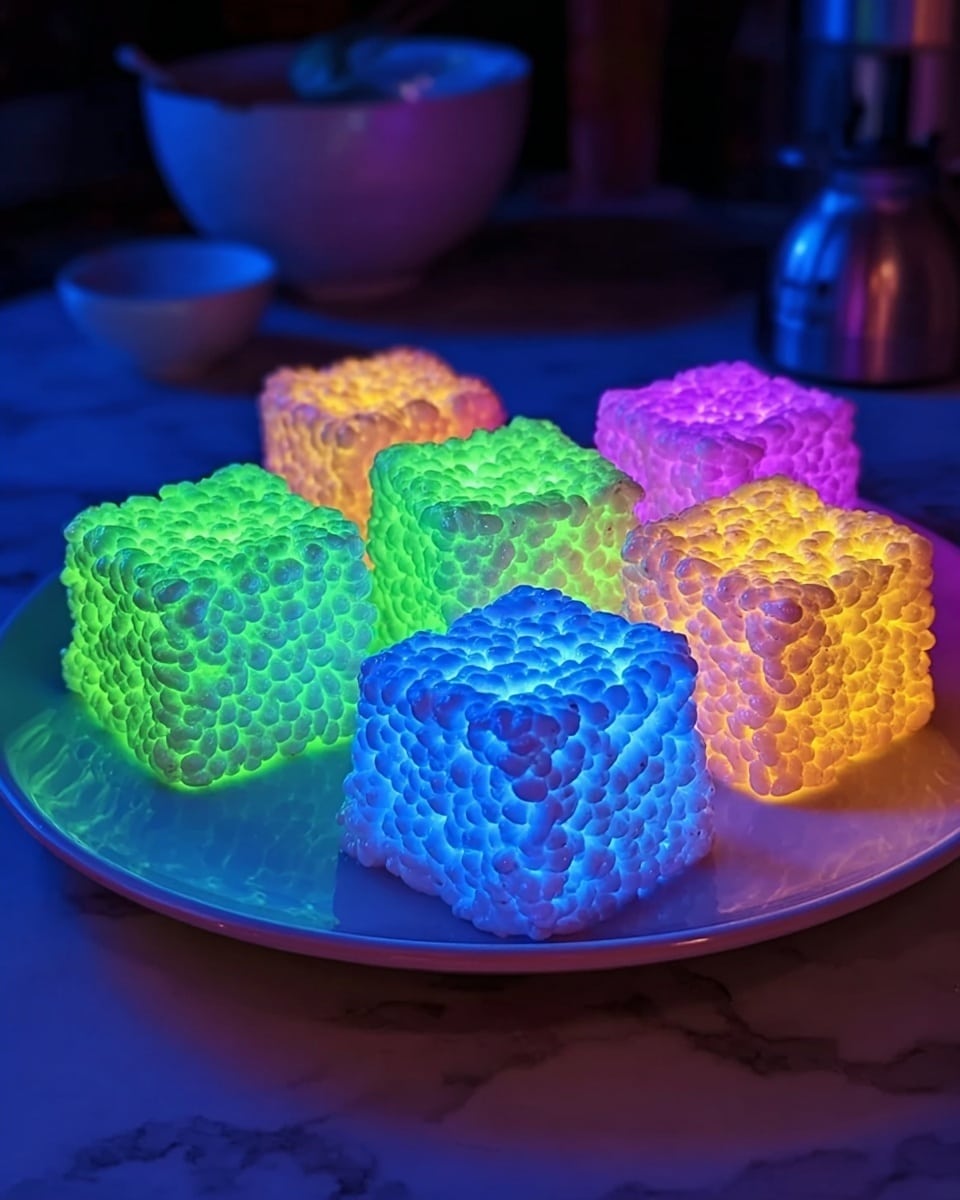 A white plate sits on a white marbled surface, holding eight glowing, cube-shaped snacks made from puffed rice or cereal. The cubes appear to be stacked in three layers, with a bumpy, airy texture. The colors glow under black light, showing bright neon shades: three cubes are green and blue at the front, three cubes in the middle glow blue and purple, and two at the back shine orange and yellow. The setting is dim, with kitchen items blurred in the background. Photo taken with an iphone --ar 4:5 --v 7