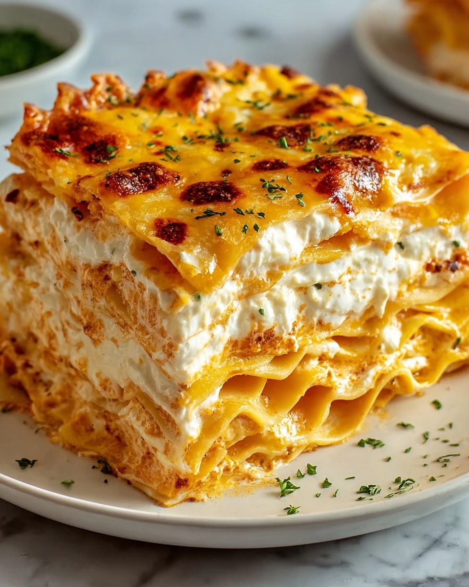 A close-up view of a thick slice of lasagna shows six visible layers of golden pasta sheets, each separated by creamy white cheese filling mixed with a light orange sauce. The top layer is browned and bubbling with melted cheese, sprinkled with small bits of green herbs. The lasagna is placed on a white plate with a thin rim and sits on a white marbled surface. Some green herb flakes are scattered around the plate edges. Photo taken with an iphone --ar 4:5 --v 7