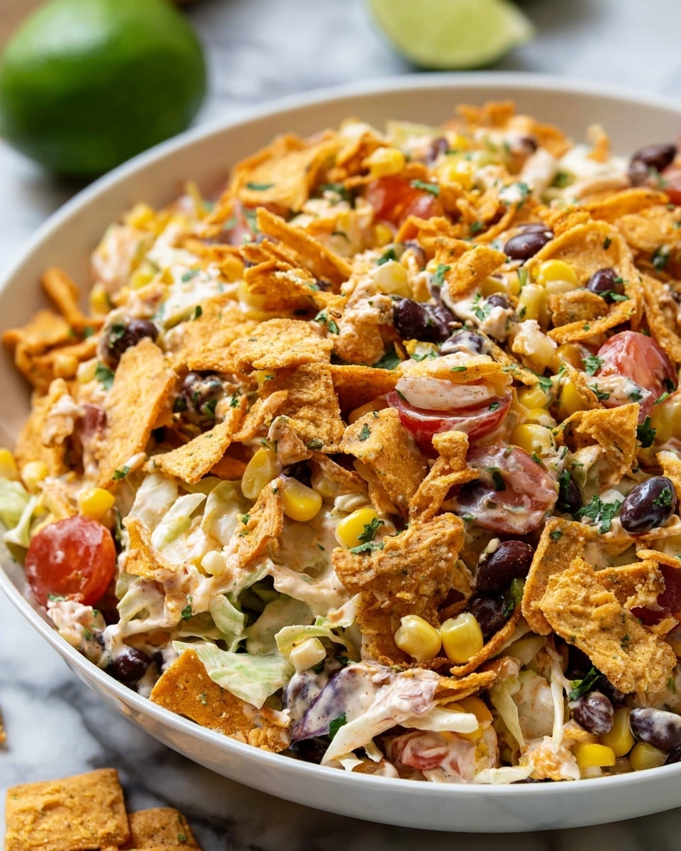 A close-up view of a colorful salad served on a white plate placed on a white marbled surface, showing three main layers: the bottom layer is creamy coleslaw with shredded white cabbage, mixed with finely chopped red and green peppers; the middle layer includes black beans and yellow corn kernels scattered evenly throughout; the top layer features broken bright orange corn chips sprinkled generously, some dusted with seasoning, adding a crunchy texture. In the background are blurred lime halves. Photo taken with an iphone --ar 4:5 --v 7