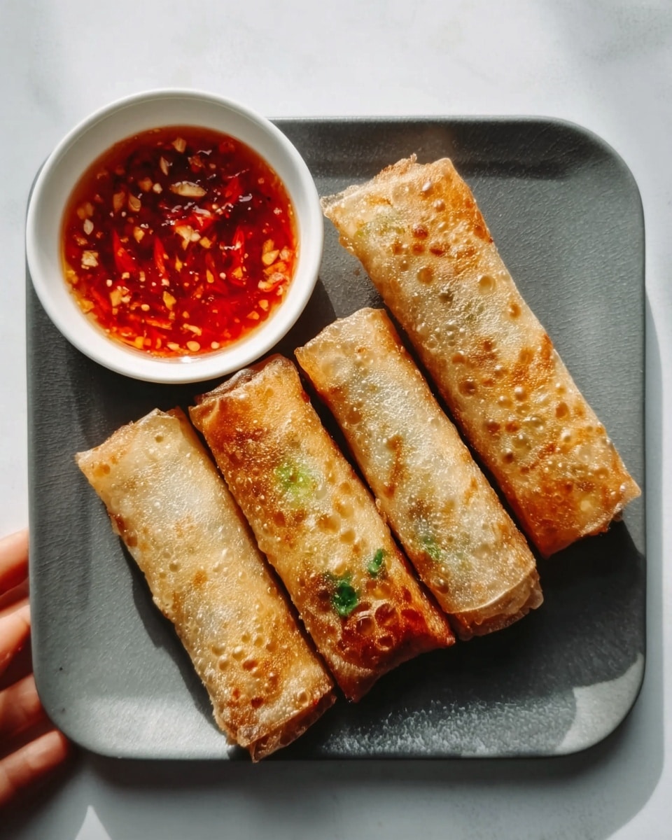 The image shows five golden-brown spring rolls placed side by side on a white square plate with a smooth, slightly shiny surface. The spring rolls have a crispy texture with small bubbles on their surface, indicating they are fried, and have hints of green herbs peeking from inside through the thin crust. At the top left corner of the plate sits a small white bowl filled with red chili sauce that has visible seeds and bits of chili pepper floating in it. The plate is set on a white marbled textured surface, and a woman's hand is reaching towards the plate from the bottom right. Photo taken with an iphone --ar 4:5 --v 7