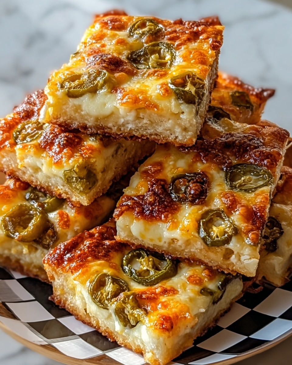 The image shows stacked square pieces of cheesy focaccia bread with a light golden-brown crust on the bottom layer. Each piece has a thick layer of melted cheese in a creamy white and light yellow color on top, slightly browned and bubbly with small browned spots. Scattered within the cheese are green pieces of jalapeño or similar peppers, adding a fresh color contrast. The pieces are placed on a white plate with a woven pattern, set on a surface with a white marbled texture. Photo taken with an iphone --ar 4:5 --v 7