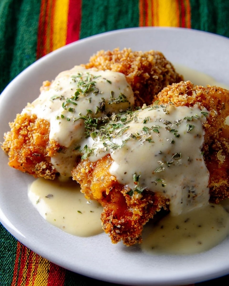 A close-up view of two pieces of golden-brown crispy fried chicken, each covered with a thick, smooth layer of creamy white gravy sprinkled lightly with green herbs. The chicken has a crunchy texture with some irregular crumb bits on top. The dish is served on a white plate, placed on a textured green and red striped cloth background, changed to a white marbled texture. photo taken with an iphone --ar 4:5 --v 7