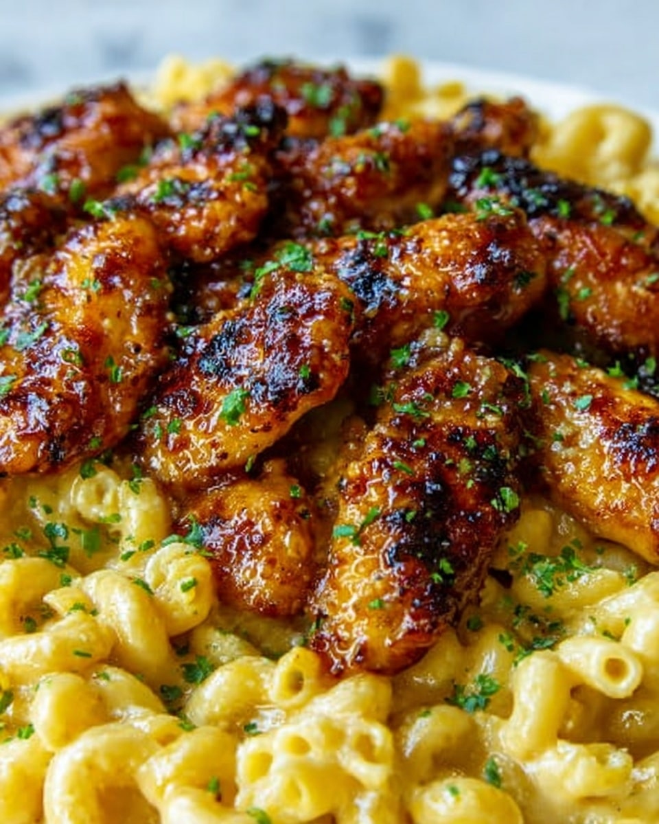 The image shows a white plate filled with creamy macaroni and cheese as the bottom layer, with smooth, glossy cheese sauce coating the elbow-shaped pasta. On top, there is a layer of crispy chicken wings that are golden brown with a slightly sticky glaze, giving them a shiny and textured appearance. The wings are sprinkled with small green herbs and black pepper, adding contrast against the warm colors of the food. The plate sits on a white marbled surface, enhancing the warmth and richness of the dish. photo taken with an iphone --ar 4:5 --v 7