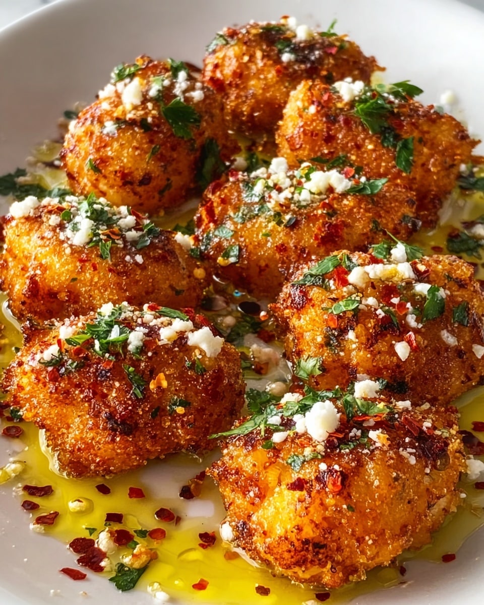 The image shows a white plate with eight golden brown, crispy pieces of fried food arranged in a loose circle. Each piece is sprinkled with white crumbled cheese and small green herb leaves, likely parsley, adding a fresh contrast to the warm colors. There are visible red chili flakes scattered across the food and plate, as well as small pools of golden oil giving a shiny texture. The pieces have a crunchy, textured surface with some dark spots indicating a crisp fry. The plate sits on a white marbled background. photo taken with an iphone --ar 4:5 --v 7