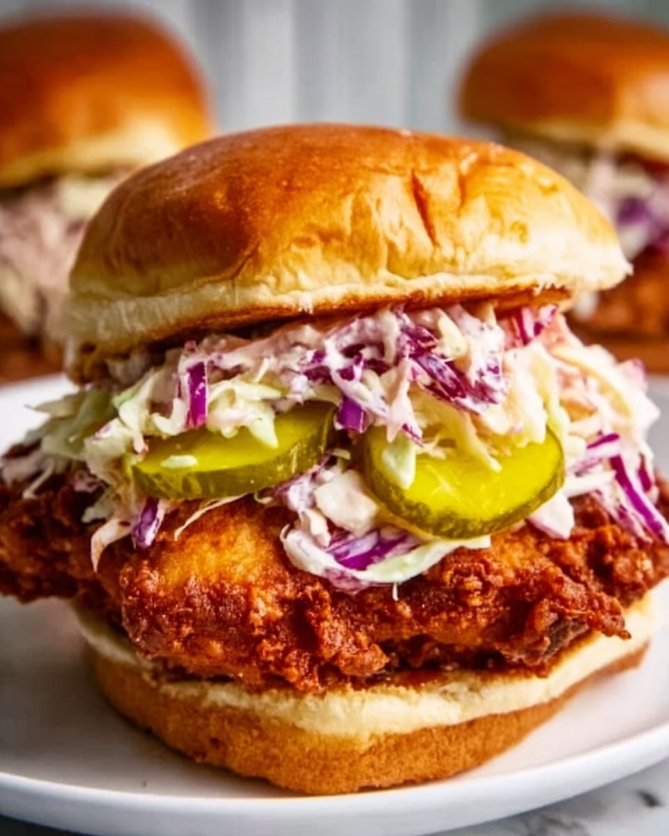 A close-up image of a chicken sandwich with two golden brown fried chicken fillets stacked inside a soft, slightly shiny white bun. On top of the chicken layers, there is a generous layer of creamy coleslaw featuring shredded purple and white cabbage mixed with a light dressing, followed by three bright green pickle slices neatly placed side by side. In the background, there are two more similar sandwiches blurred out, all set on a white marbled surface. The overall look is fresh and appetizing. photo taken with an iphone --ar 4:5 --v 7