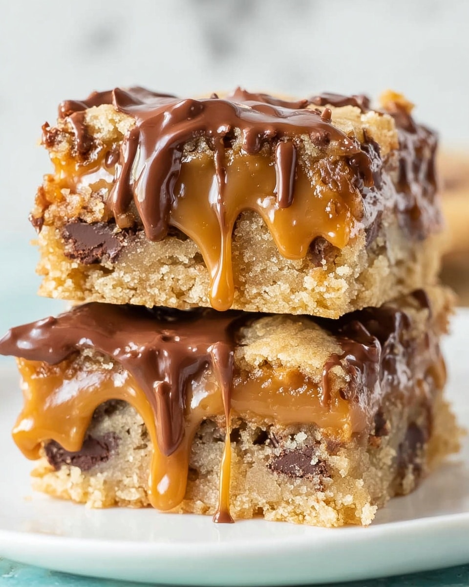 Two square dessert bars stacked on a white plate with turquoise color, placed on a white marbled surface. Each bar has three layers: the bottom layer is thick and crumbly with chocolate chunks embedded inside a light golden cookie base, the middle layer is a smooth, thick caramel caramel-colored layer, and the top layer consists of glossy, melted chocolate drizzled generously over semi-melted chocolate chips that are slightly sunken into the caramel. The melted chocolate drips slightly over the edges of the bars, creating a rich and indulgent look. Photo taken with an iphone --ar 4:5 --v 7