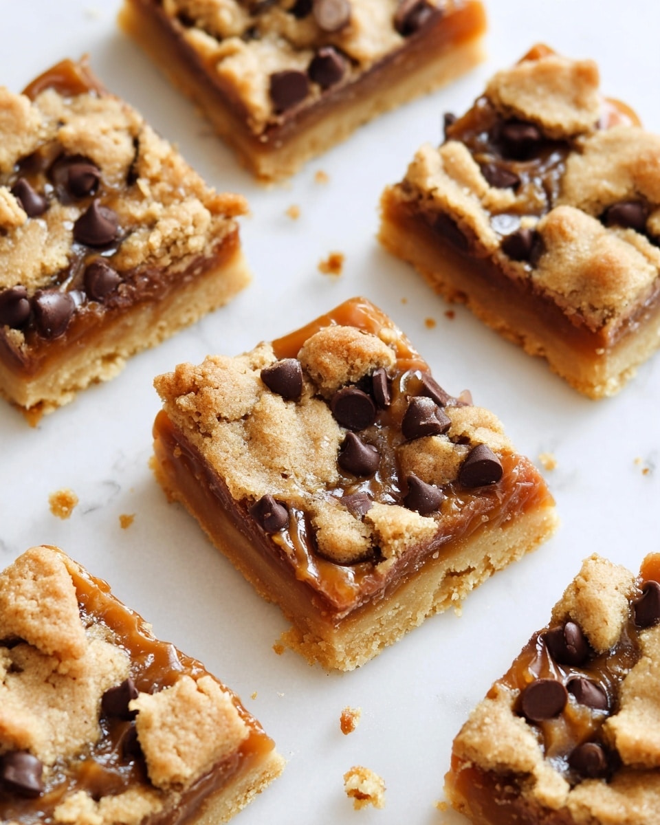 The image shows several square dessert bars on a white marbled surface, arranged with gaps between them. Each bar has three visible layers: a bottom layer that is a golden brown crust with a crumbly texture, a middle layer of rich caramel with a glossy, sticky appearance, and a top layer made of uneven, large pieces of light golden cookie dough interspersed with dark brown chocolate chips, some melted. Small crumbs are scattered around the bars on the surface. Photo taken with an iphone --ar 4:5 --v 7