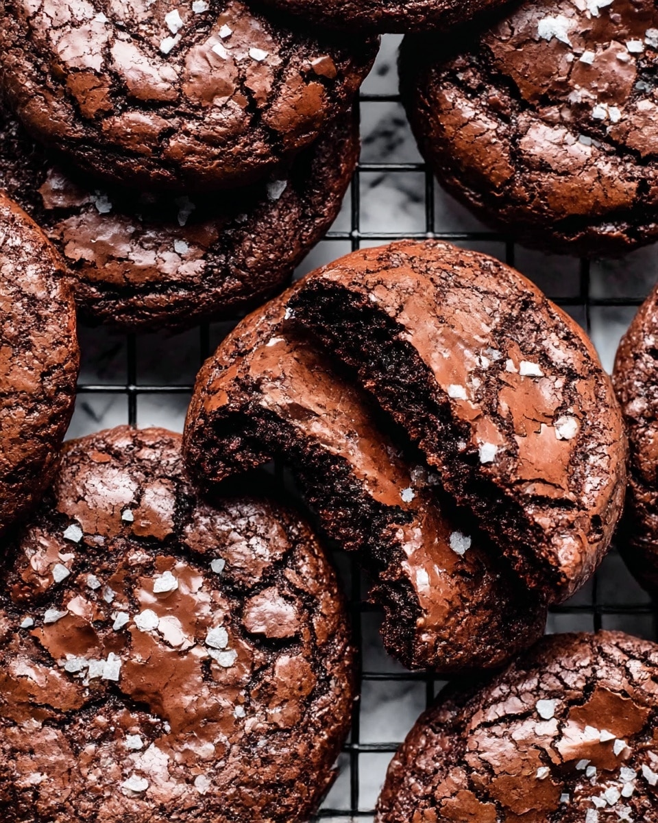 A close-up of several rich, dark chocolate cookies with a cracked surface showing a fudgy and slightly gooey texture inside. One cookie is bitten, revealing a moist, dense middle, and all the cookies are sprinkled with coarse white sea salt flakes that add contrast and texture. The cookies are stacked together closely on a wire rack with a dark grid pattern beneath, while the detailed texture highlights the shiny, crunchy top layer with deep cracks. The background is a white marbled texture. photo taken with an iphone --ar 4:5 --v 7