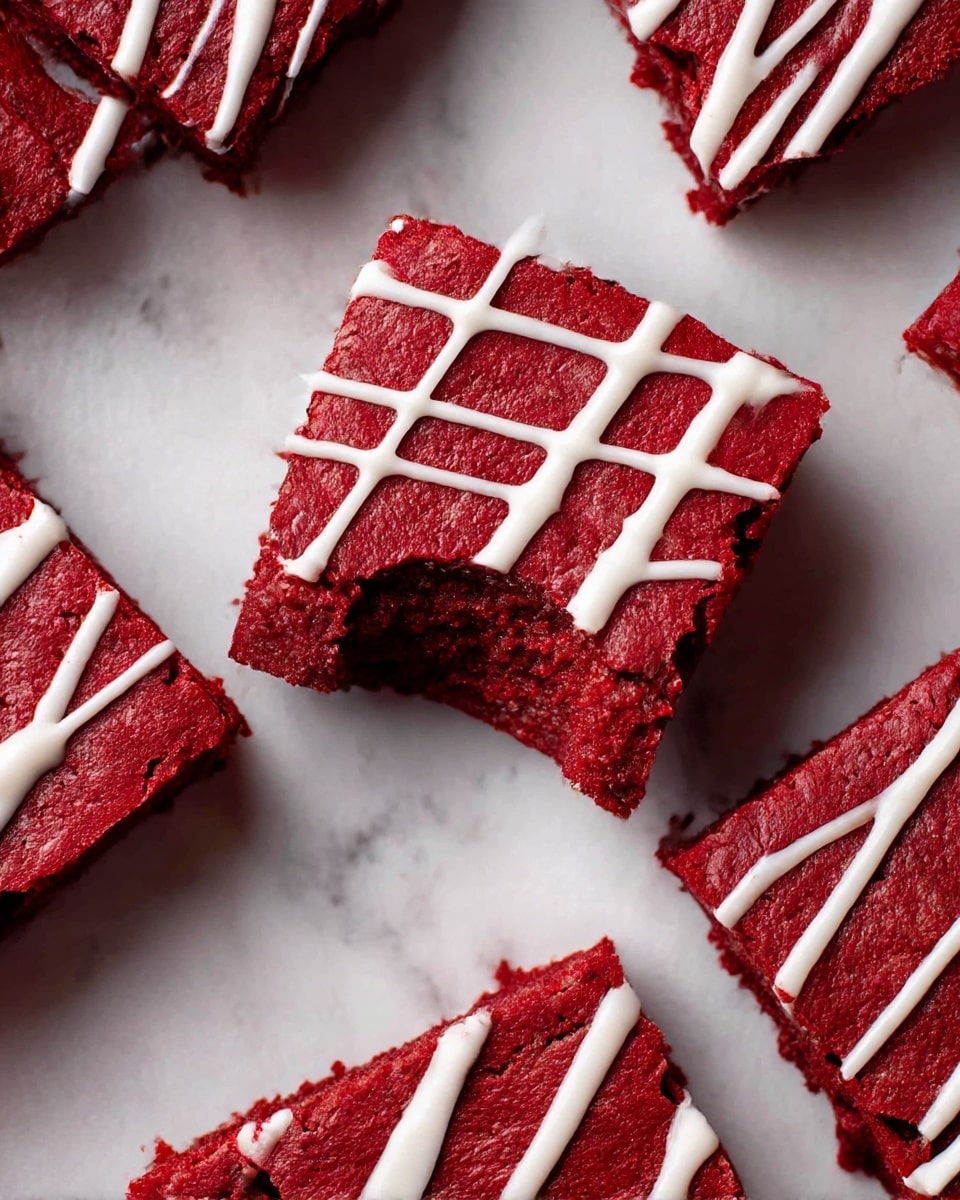 The image shows several red velvet brownie squares placed on a white marbled surface. Each brownie is deep red in color with a soft, slightly crumbly texture. The top layer of the brownies is decorated with thin, uneven white icing lines that run diagonally across the surface. One brownie in the center has a bite taken out of it, revealing the dense, moist inside. The brownies are arranged closely together, some overlapping the edges of others, creating a casual, inviting look. photo taken with an iphone --ar 4:5 --v 7