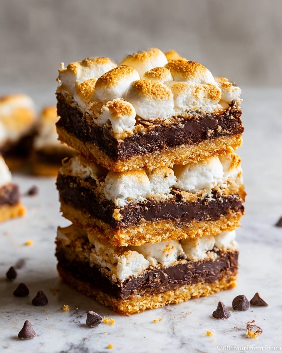The image shows a stack of four dessert bars with three visible layers each: a bottom layer of crumbly golden brown crust, a thick middle layer of dense, dark chocolate with a slightly rough texture, and a top layer of toasted, puffy marshmallows in a light golden color. The bars are stacked unevenly on a white marbled surface, with some crumbs and scattered dark chocolate chips around them. The marshmallows on top look soft and slightly browned in places, adding a fluffy texture contrast to the firm chocolate and crumbly crust beneath. photo taken with an iphone --ar 4:5 --v 7